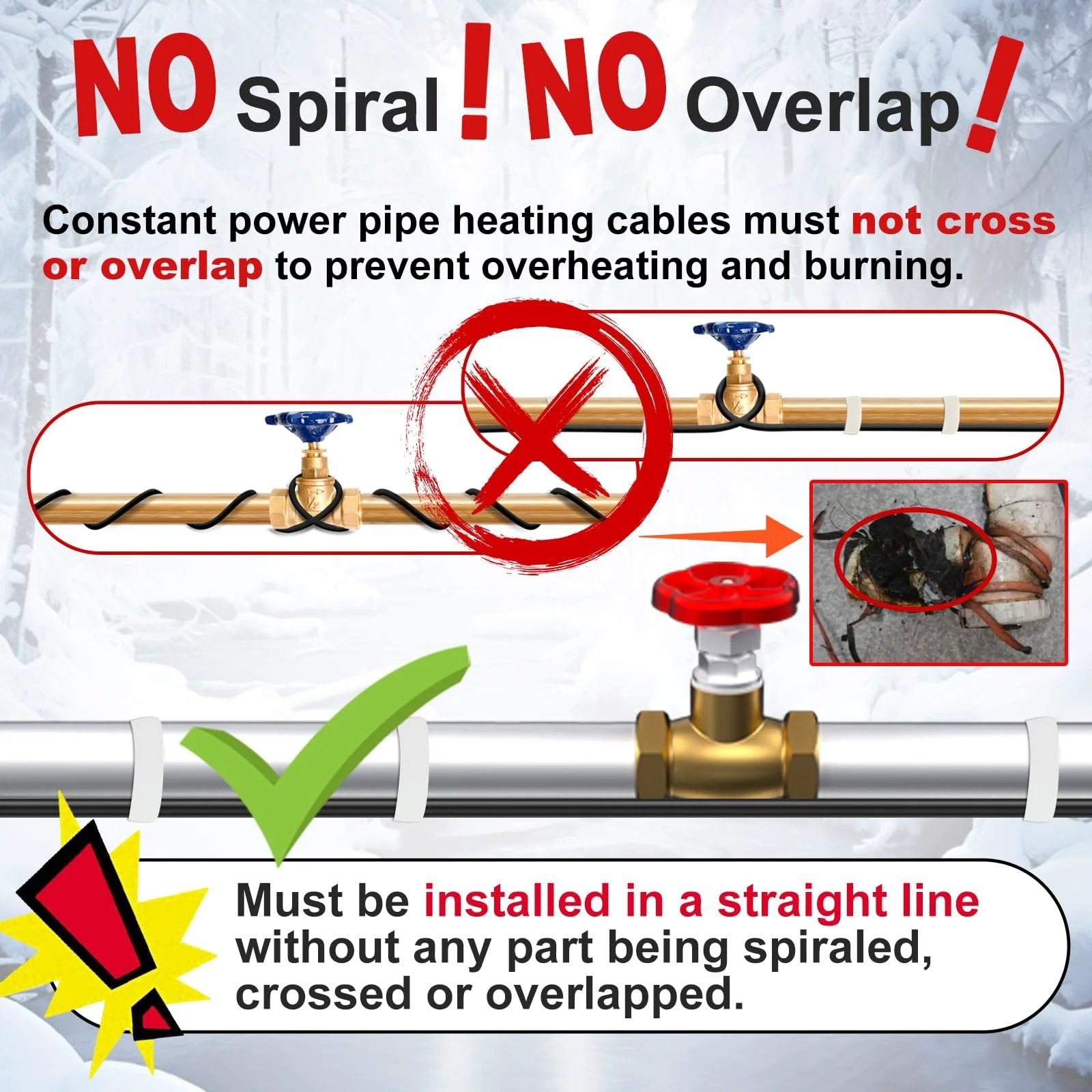 Diagram showing proper installation of Self Regulating Pipe Heating Cable That Prevents Freezing And Keeps Water Flowing 120 Volt 6 Foot Heat Tape For Water Pipes CSA And ETL Certified Energy Efficient Durable 7 Watt Per Foot Reliable Performance For Home And Garage HeatIt, highlighting no spiral or overlap