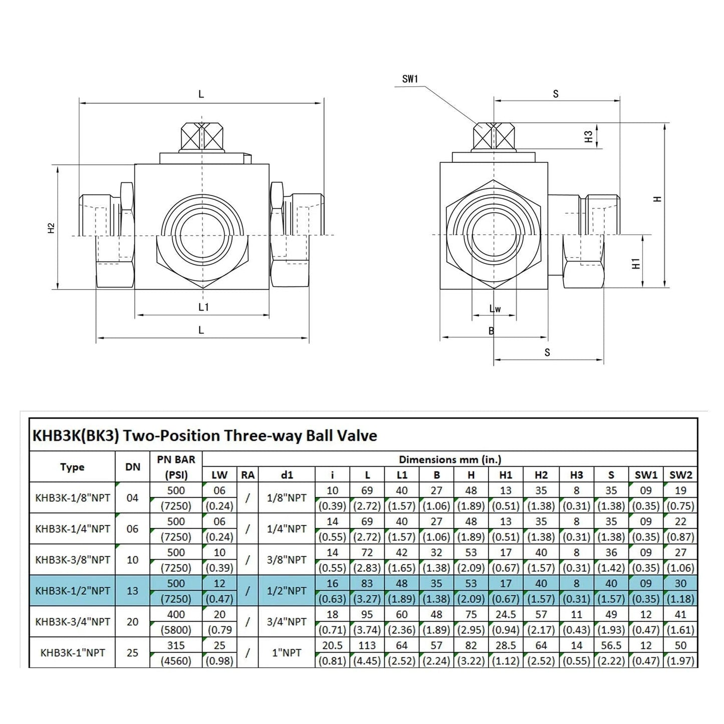 Technical diagram of Heavy Duty Three Way Ball Valve Half Inch NPT Female L Bore KHB3K Hydraulic Valve with dimensions.