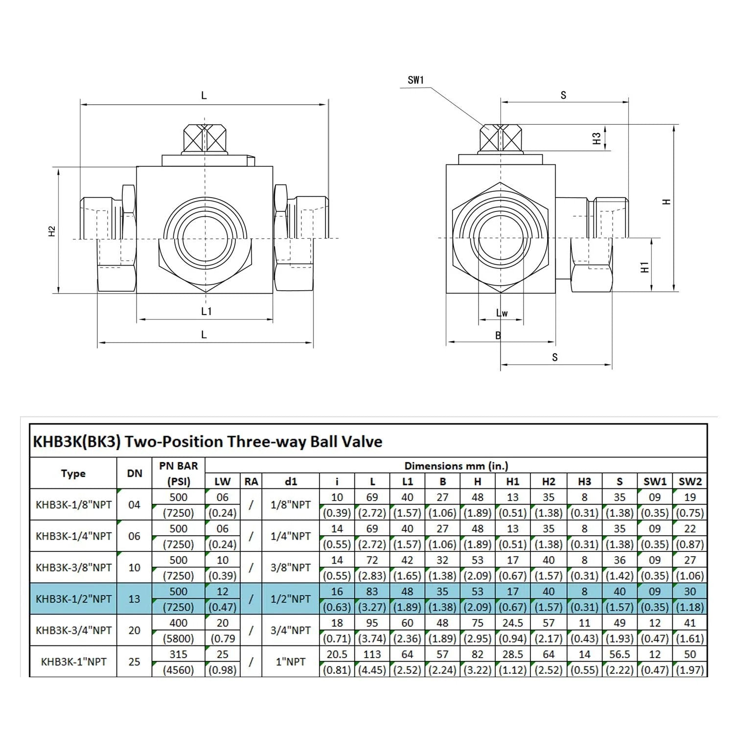 Technical diagram of Heavy Duty Three Way Ball Valve Half Inch NPT Female L Bore KHB3K Hydraulic Valve with dimensions.