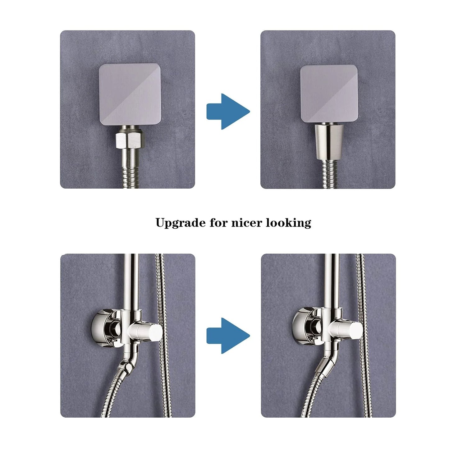 Comparison of two stainless steel shower hose connection upgrades, highlighting a brushed nickel finish and brass insert.