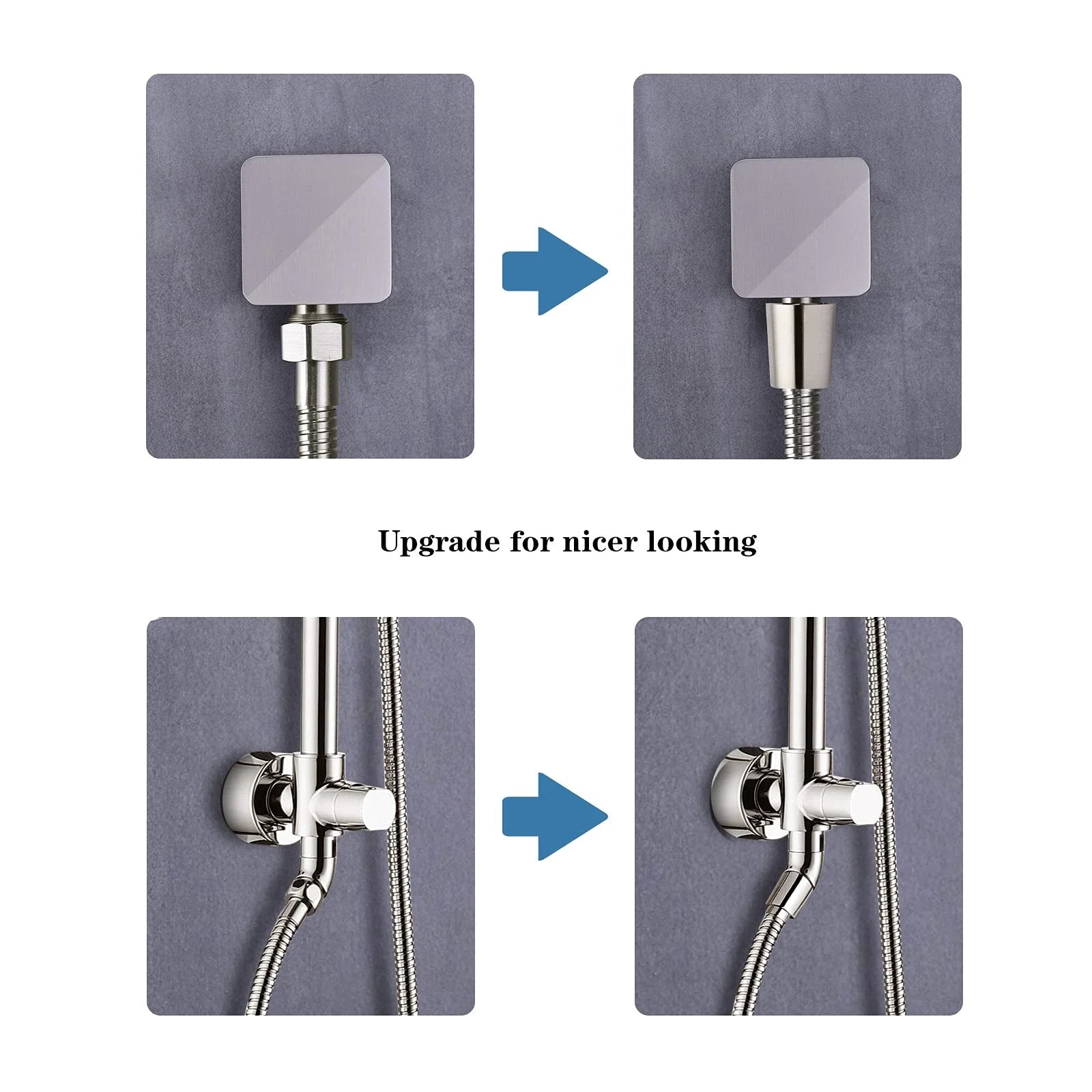 Comparison of two stainless steel shower hose connection upgrades, highlighting a brushed nickel finish and brass insert.