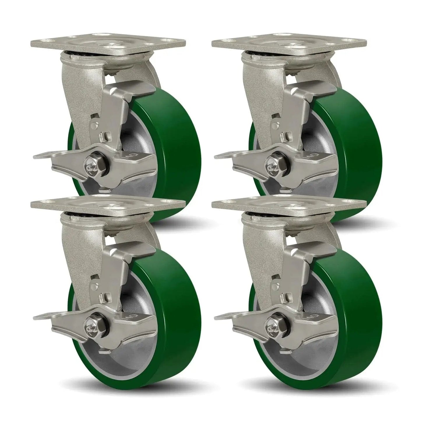 Heavy Duty 5 Inch By 2 Inch Caster Wheels Set Of 4 With Polyurethane On Aluminum Wheels Swivel Casters With Top Lock Brakes For Easy Locking And Maneuverability 4400 Lbs Load Capacity When Used As A Set Green, front view