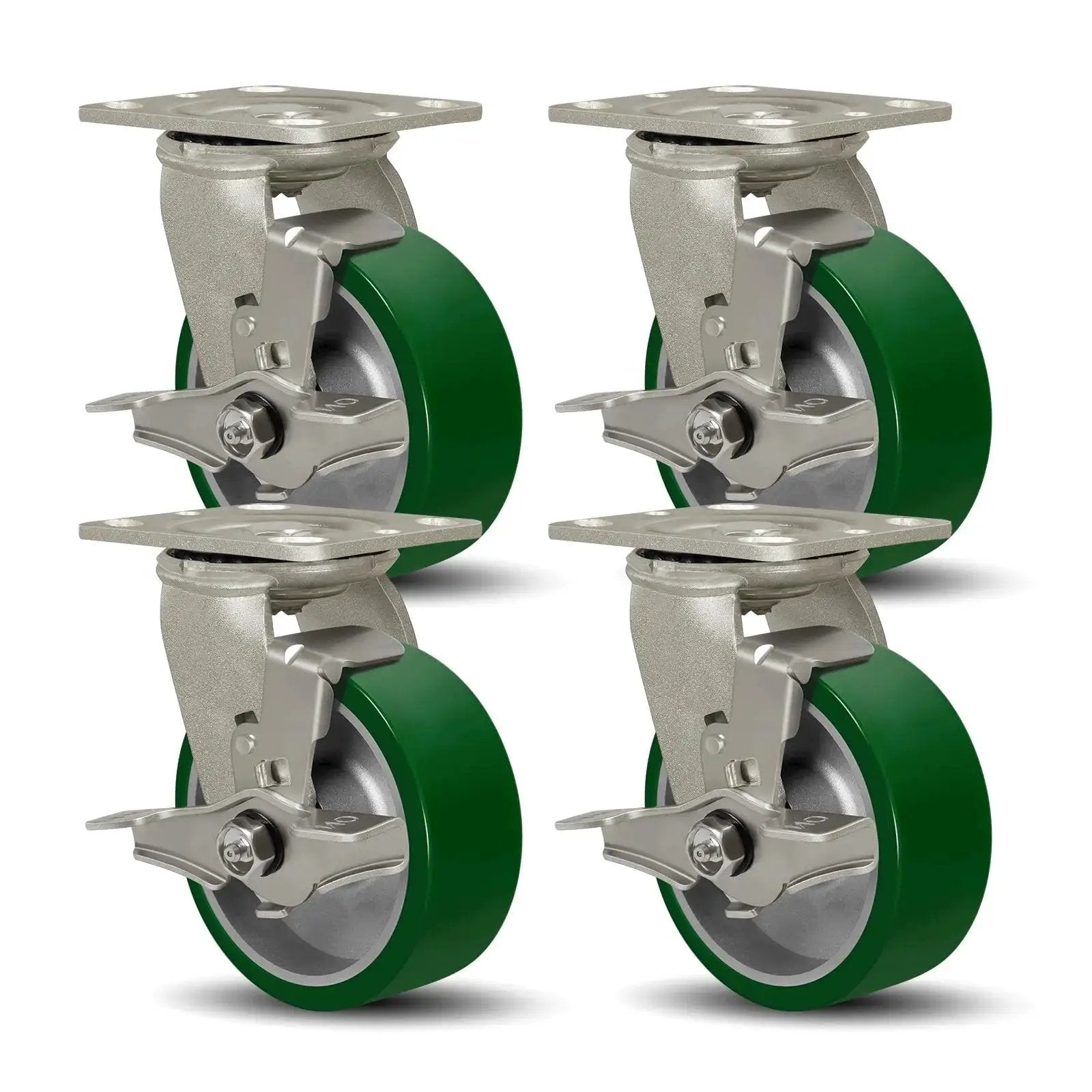 Heavy Duty 5 Inch By 2 Inch Caster Wheels Set Of 4 With Polyurethane On Aluminum Wheels Swivel Casters With Top Lock Brakes For Easy Locking And Maneuverability 4400 Lbs Load Capacity When Used As A Set Green, front view
