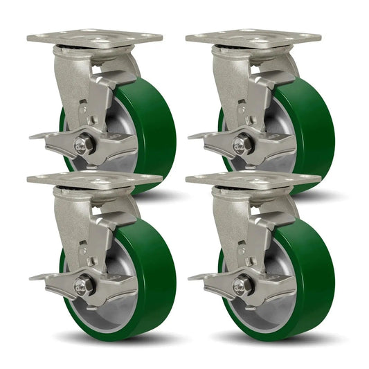 Heavy Duty 5 Inch By 2 Inch Caster Wheels Set Of 4 With Polyurethane On Aluminum Wheels Swivel Casters With Top Lock Brakes For Easy Locking And Maneuverability 4400 Lbs Load Capacity When Used As A Set Green, front view