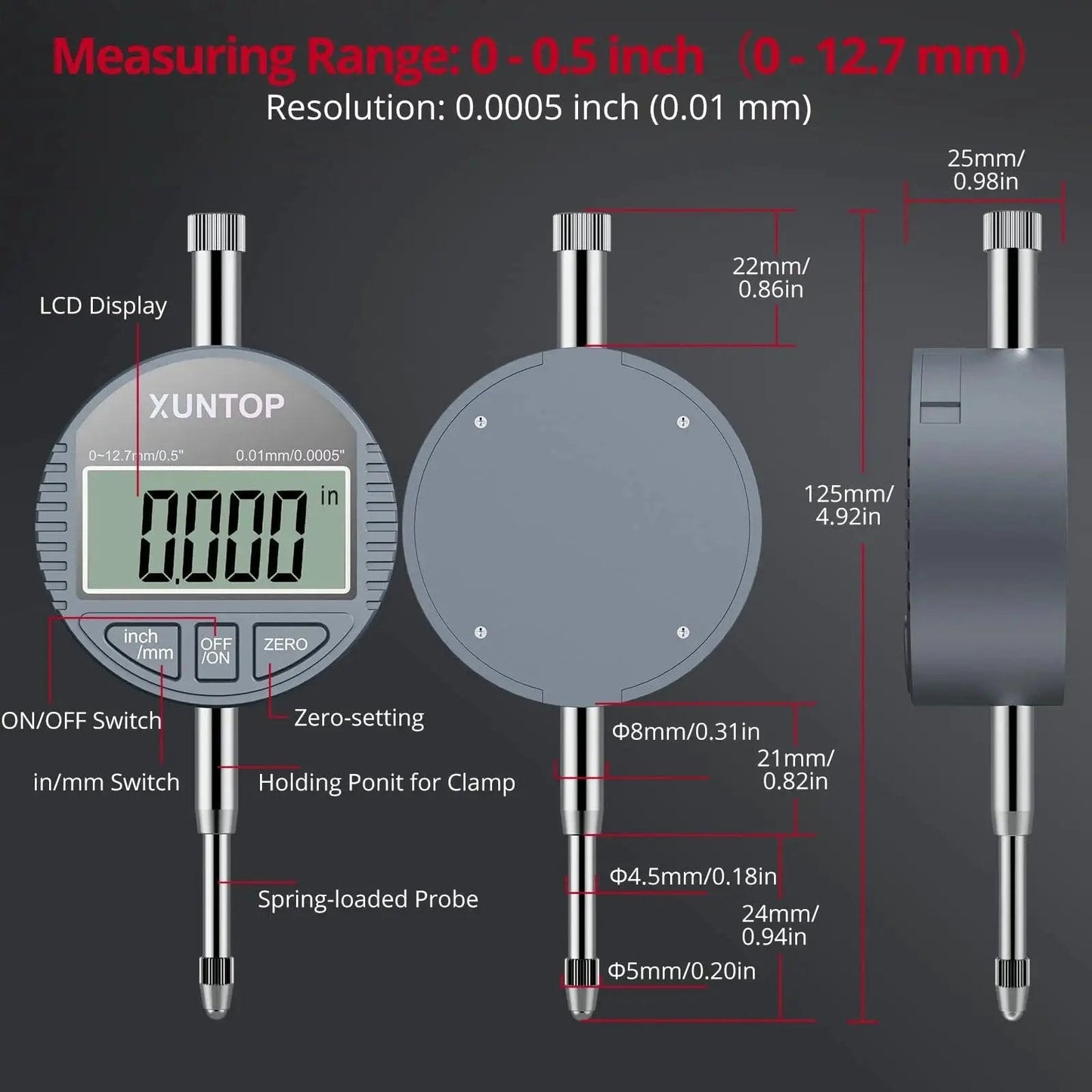 Digital Bore Gauge Set 2-6 Inch Range 50-160mm With LCD Display, front and side view with measurements detailed.