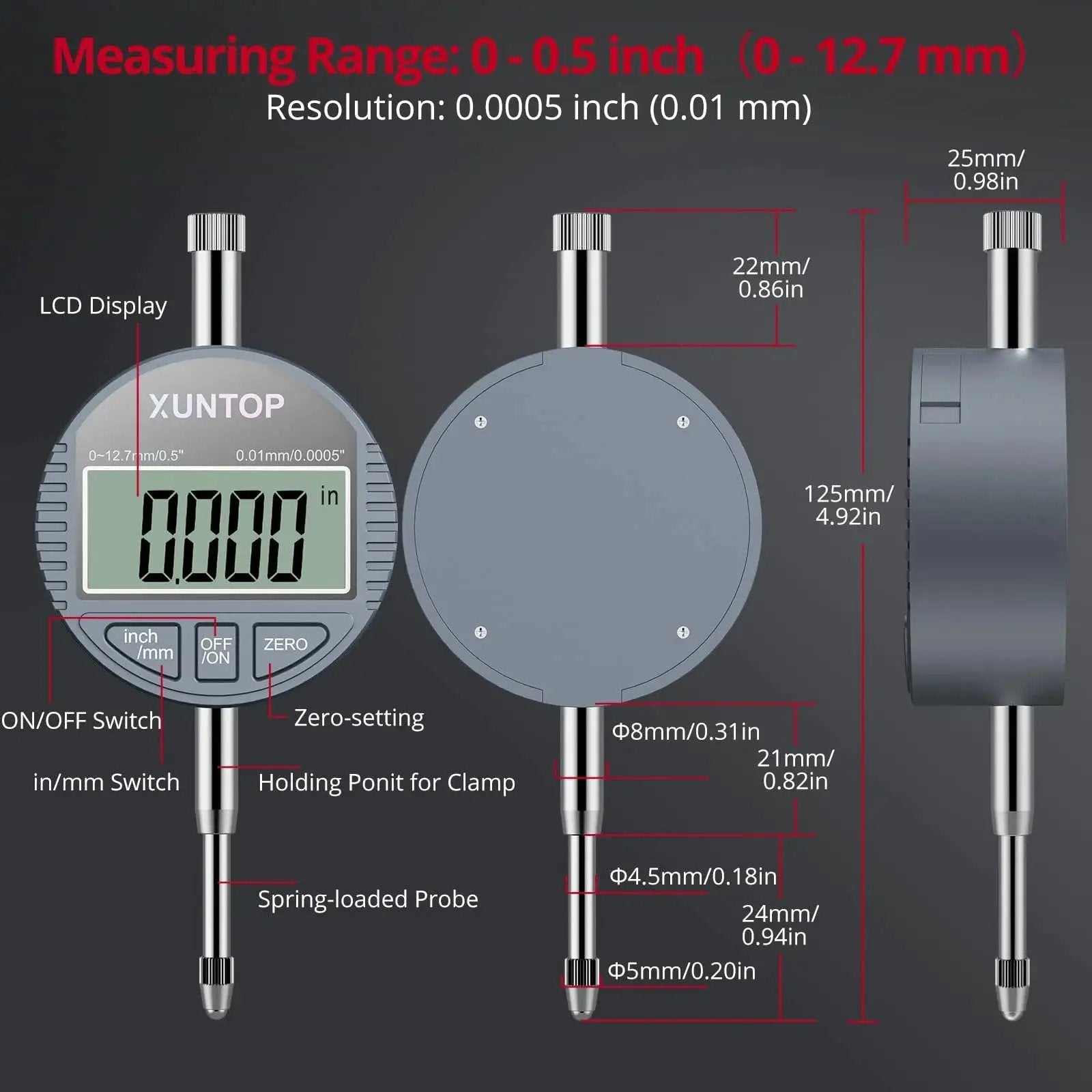 Front and side view of XUNTOP Ultra Precision Digital Bore Gauge Set With 0.0005 Inch Resolution For 0.7 To 6 Inch Bore