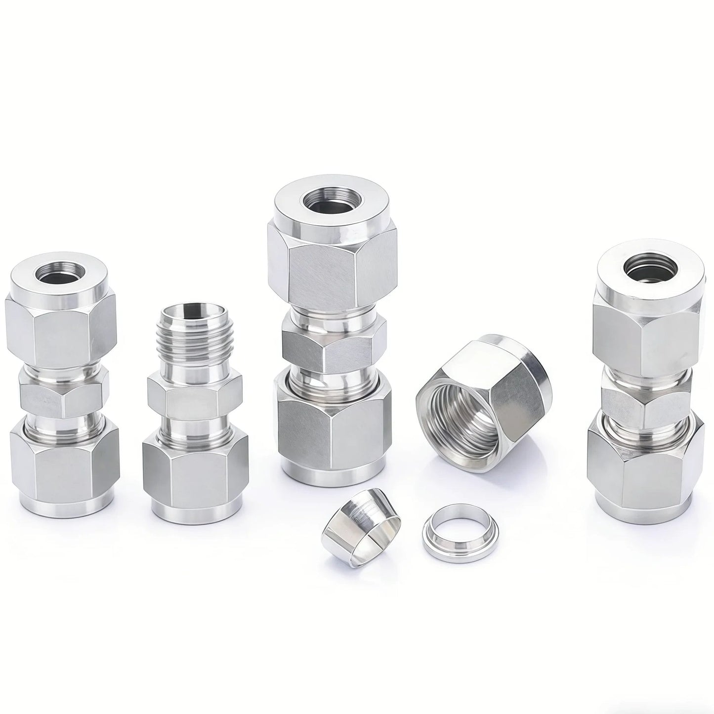 Stainless Steel 304 Compression Tube Fitting Union With Double Ferrules For One Eighth Inch OD Tubing Pack Of Two, disassembled view.