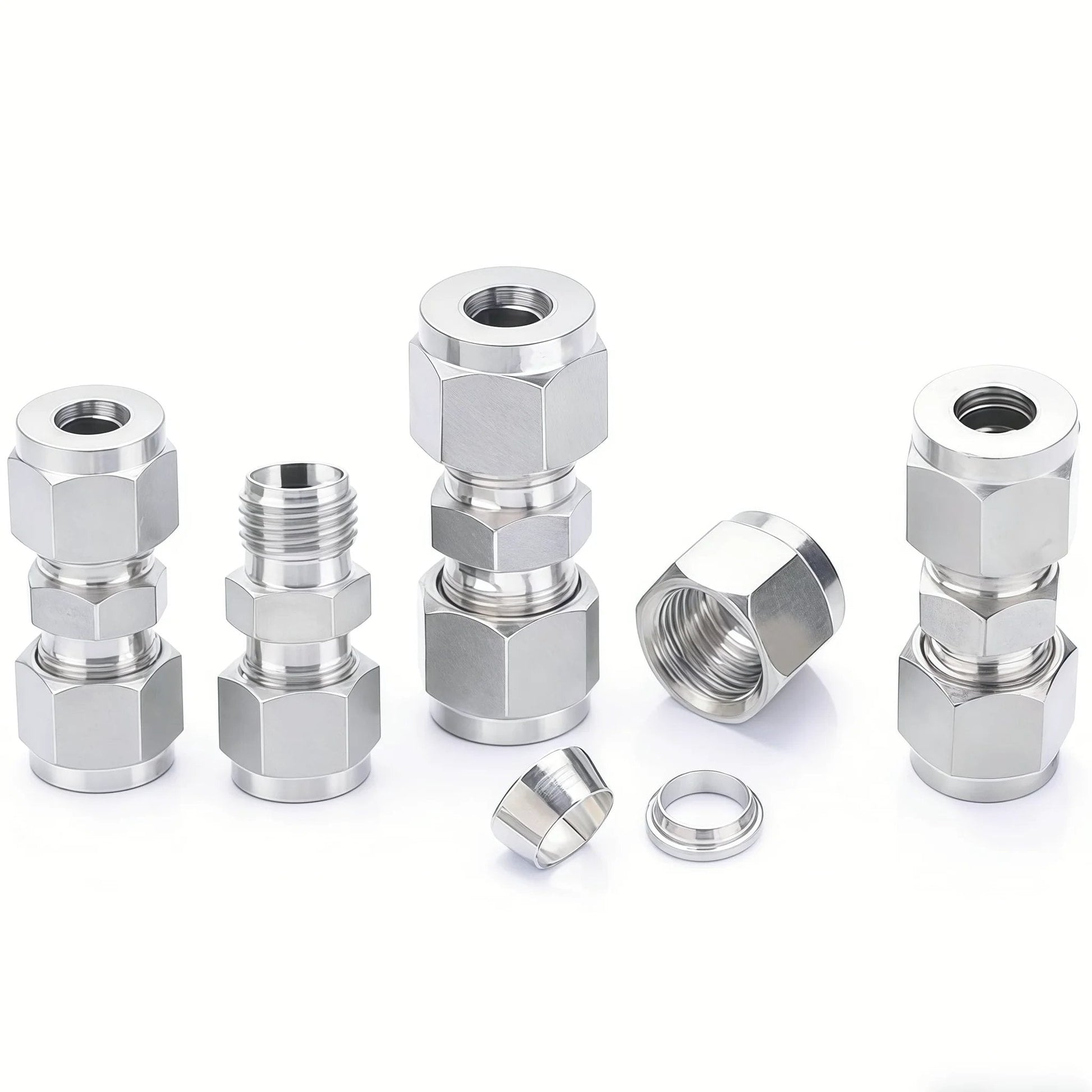 Stainless Steel 304 Compression Tube Fitting Union With Double Ferrules For One Eighth Inch OD Tubing Pack Of Two, disassembled view.