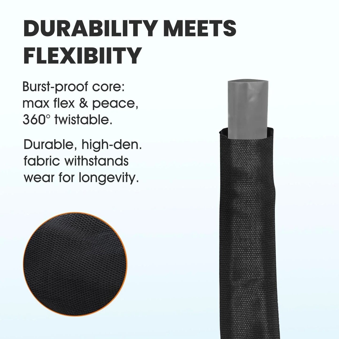 Close-up of black fabric cover and burst-proof core of Non-Expandable 50 Ft Garden Hose Lightweight Ultra Flexible Water Hose.