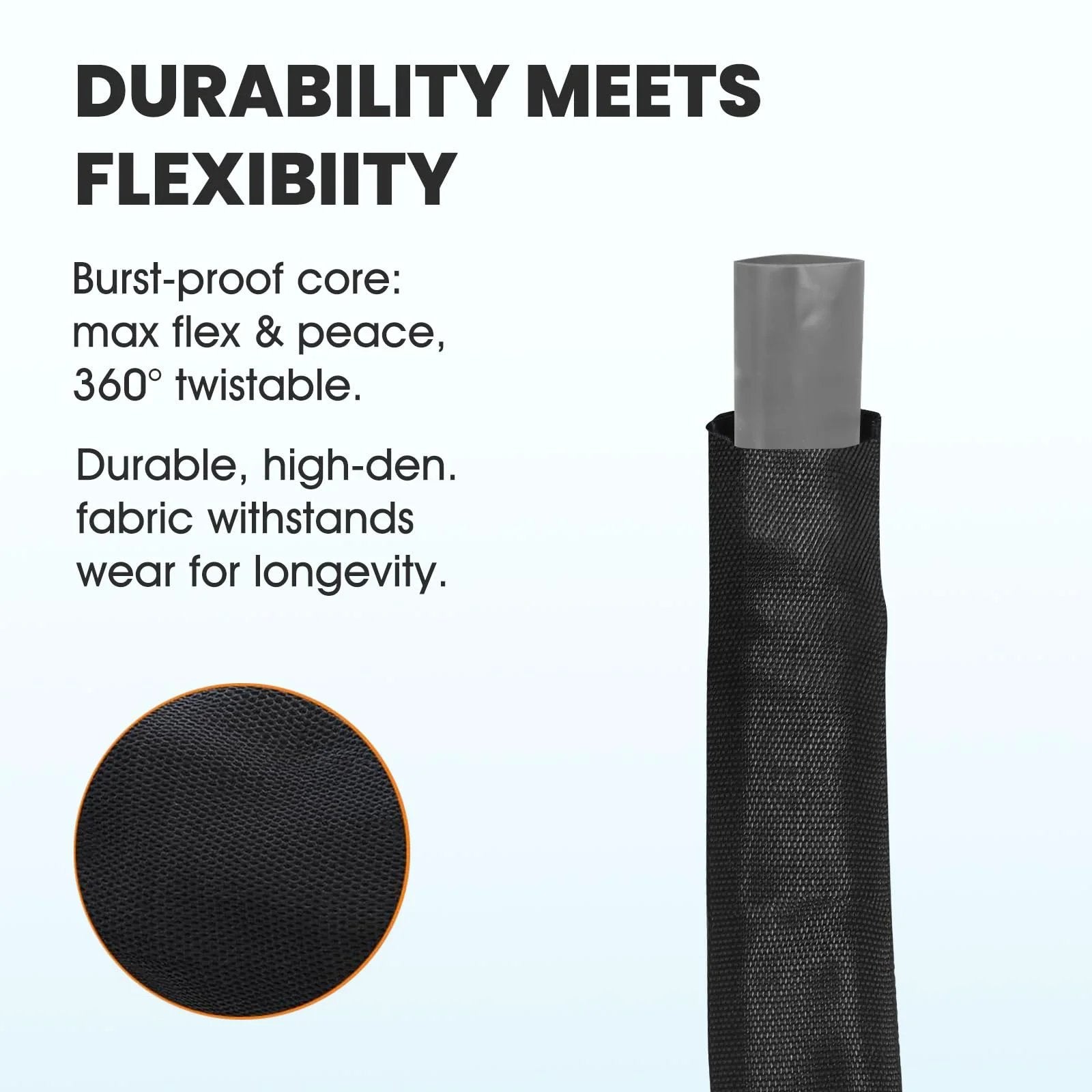 Close-up of black fabric cover and burst-proof core of Non-Expandable 50 Ft Garden Hose Lightweight Ultra Flexible Water Hose.