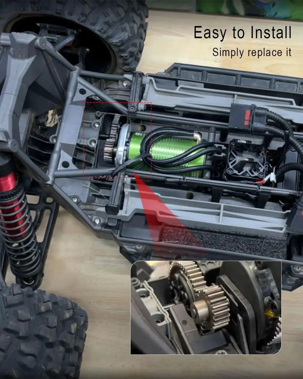 Beefy 50T M1.0 Hardened Steel Spur Gear With 20T Pinion Gear installed in Traxxas Maxx RC car, improving power transfer and reducing friction.