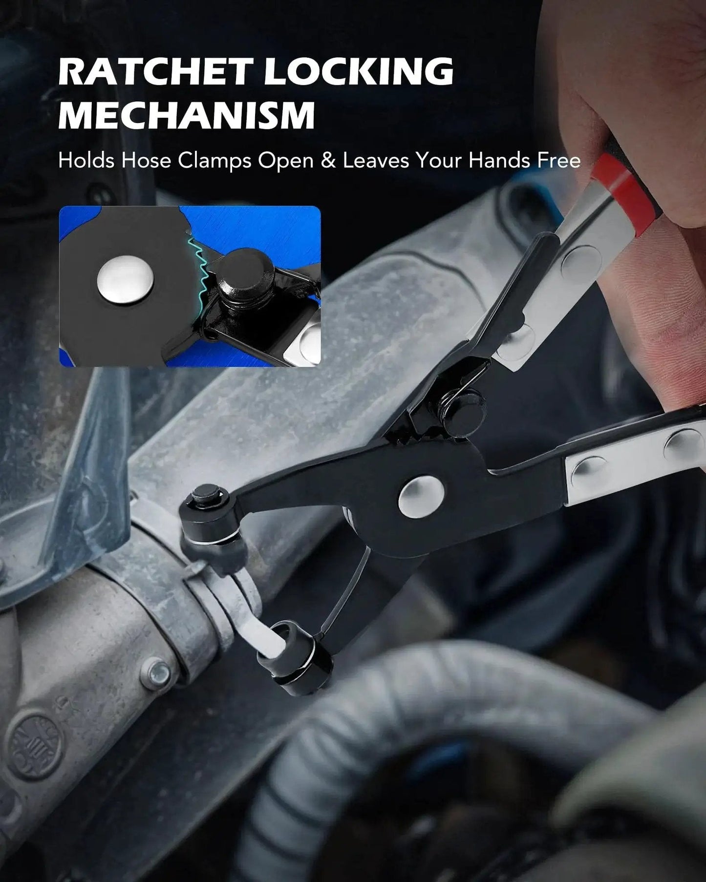Close-up view of 9 Piece Hose Clamp Pliers Set With Long Reach Swivel Jaw And Flat Band Pliers in use on automotive hose clamp