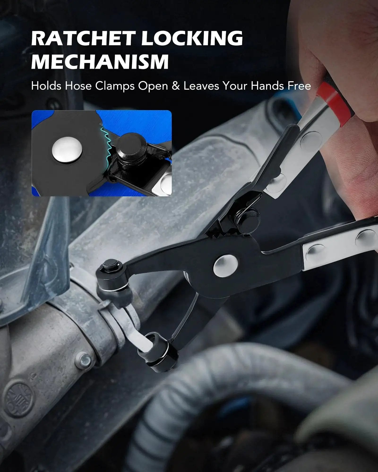 Close-up view of 9 Piece Hose Clamp Pliers Set With Long Reach Swivel Jaw And Flat Band Pliers in use on automotive hose clamp