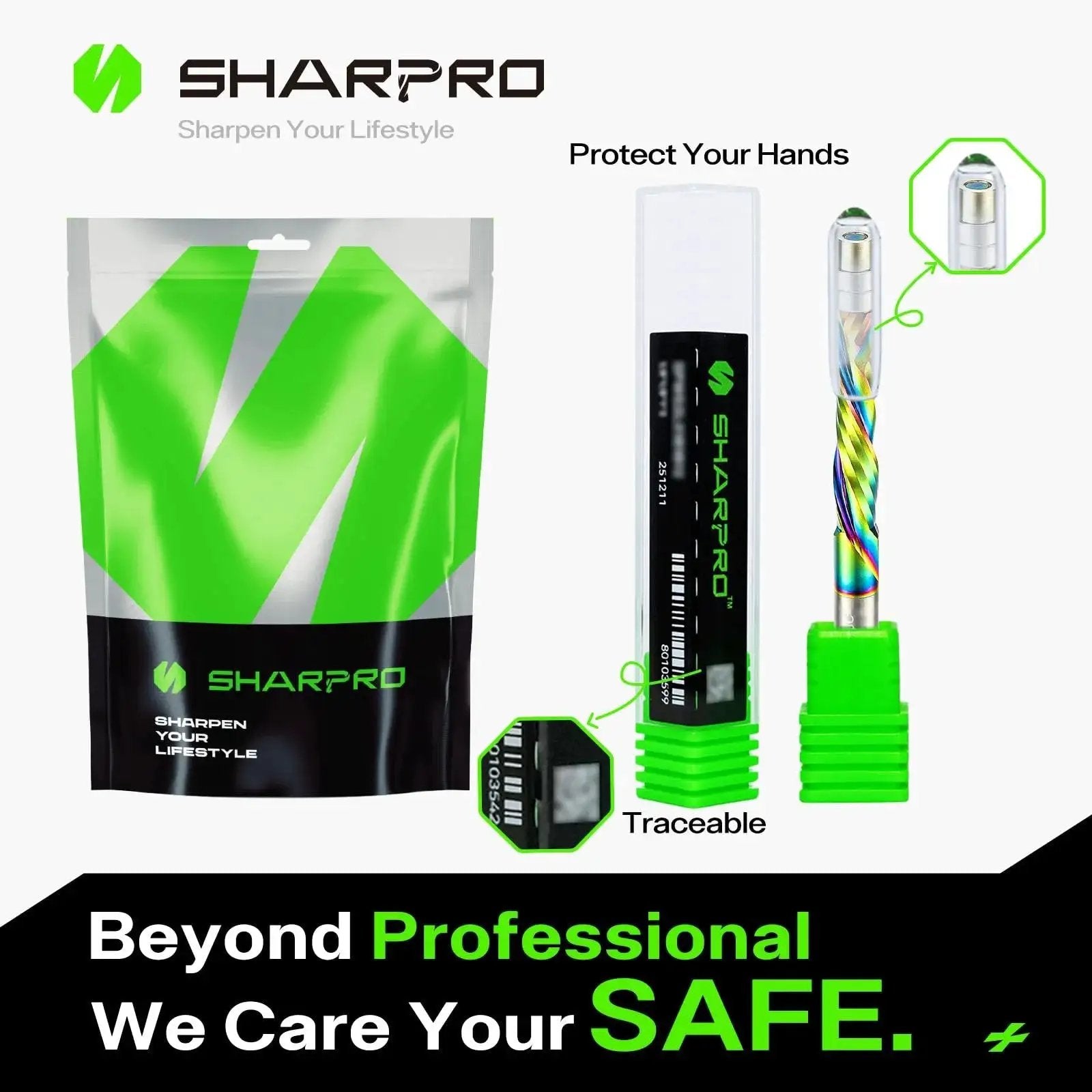 Promotional image for SHARPRO products including packaging and tool with safety features highlighted.
