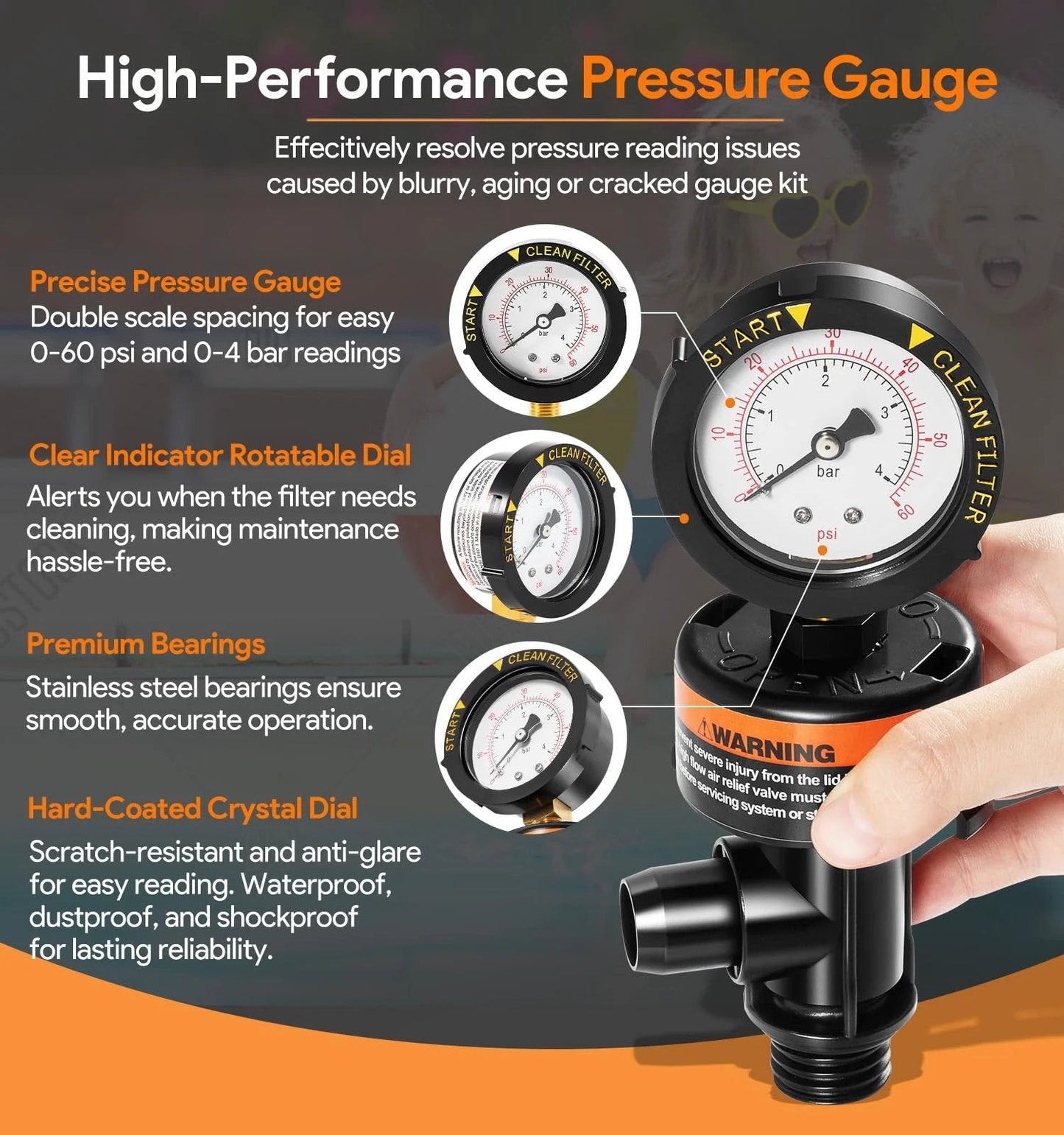 High Flow Manual Air Relief Valve With Pressure Gauge Top Mount Replacement For Pool And Spa Filters Fits Pentair FNS And Clean And Clear Series EasyClean Warrior Predator Models, showing precise pressure gauge and rotatable dial in hand.