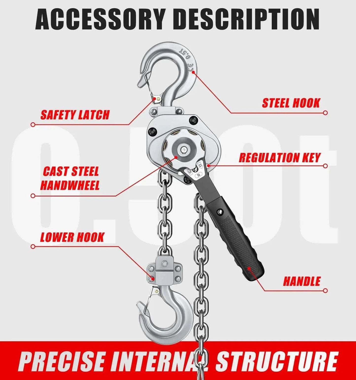 Diagram of Mini Lever Hoist Half Ton Ratchet Chain 10 Ft Aluminum G80 Dual Brake Puller with labeled steel hooks and handle