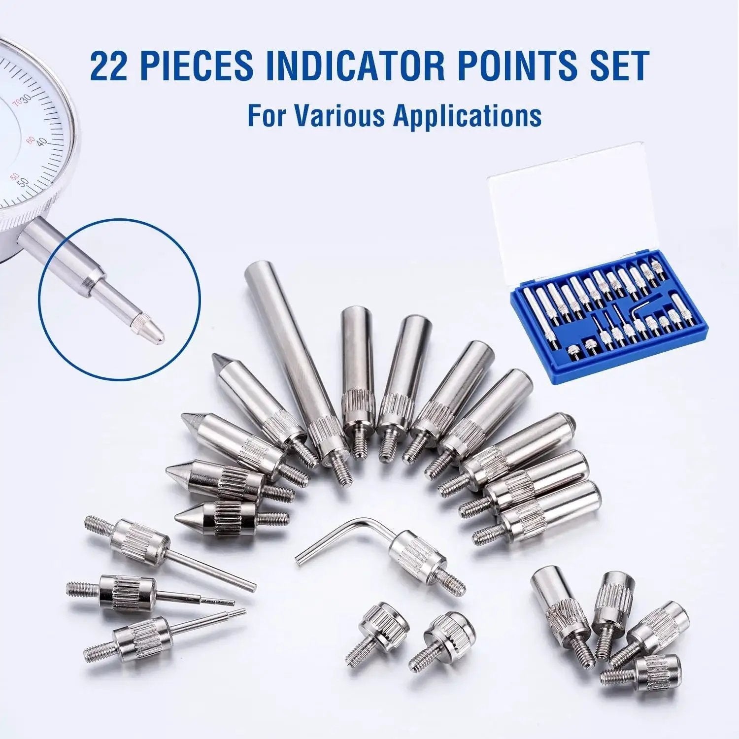 Dial Indicator With Magnetic Base And 22 Piece Indicator Points Set displayed in an open storage case