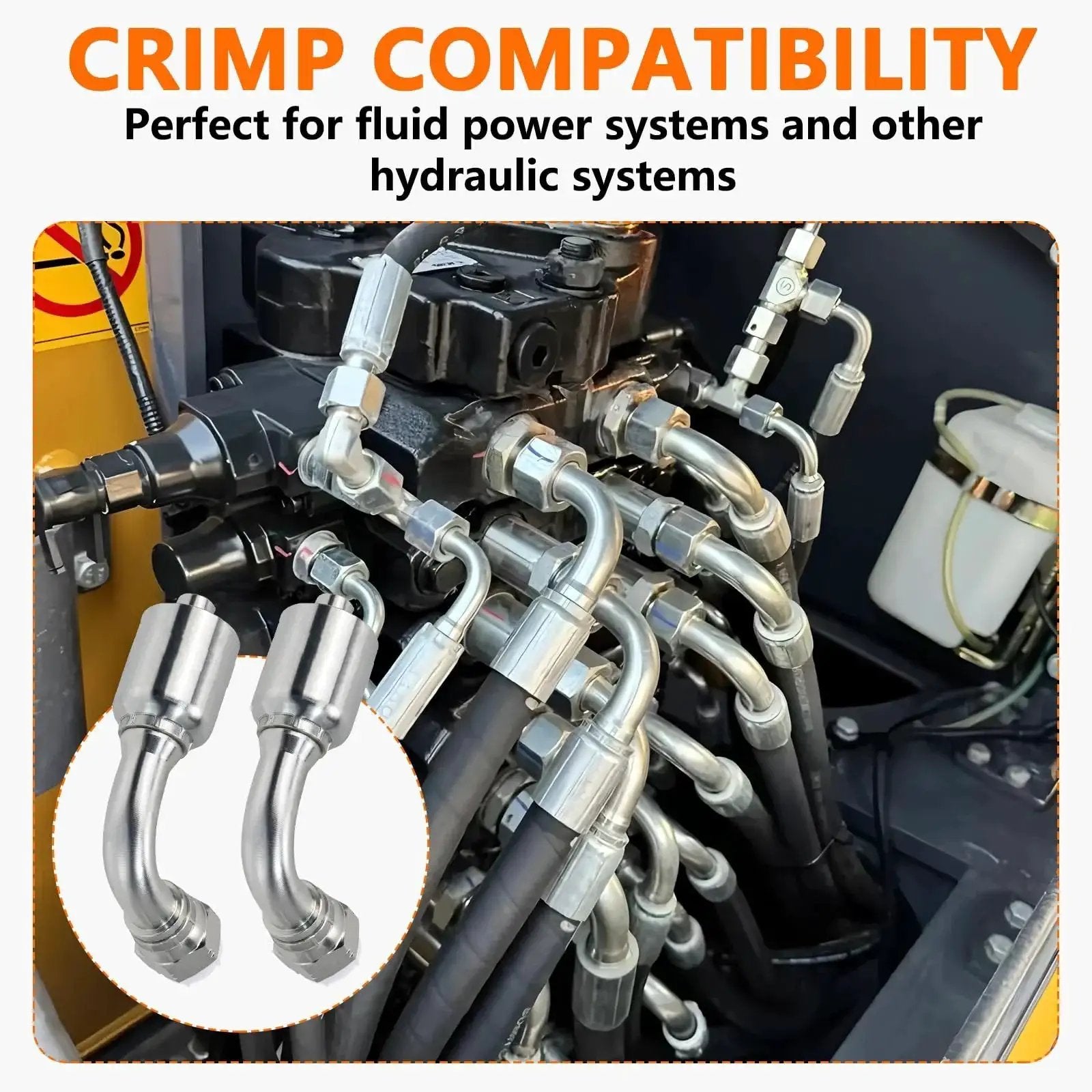 Fourteen Piece Hydraulic Fittings Kit For Half Inch Hose To Half Inch JIC Thirty Seven Degree Female Swivel Elbow shown in use on machinery