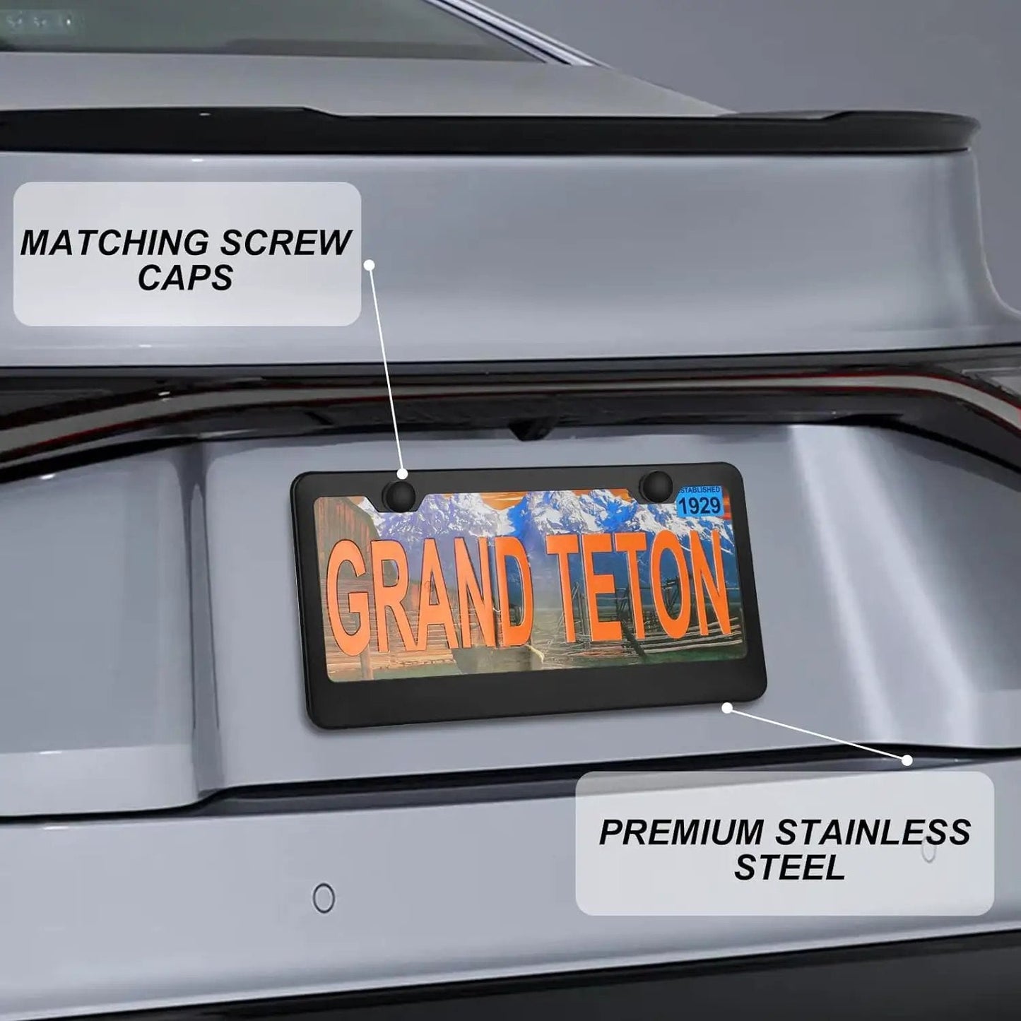 Matte Black 2 Pack License Plate Frame Holder With 2 Holes, 304 Stainless Steel, Rustproof And Easy Mounting Accessories, 12.25 By 6.3 Inches, Street Legal, Fits All Plates In Canada, installed on vehicle with plate.