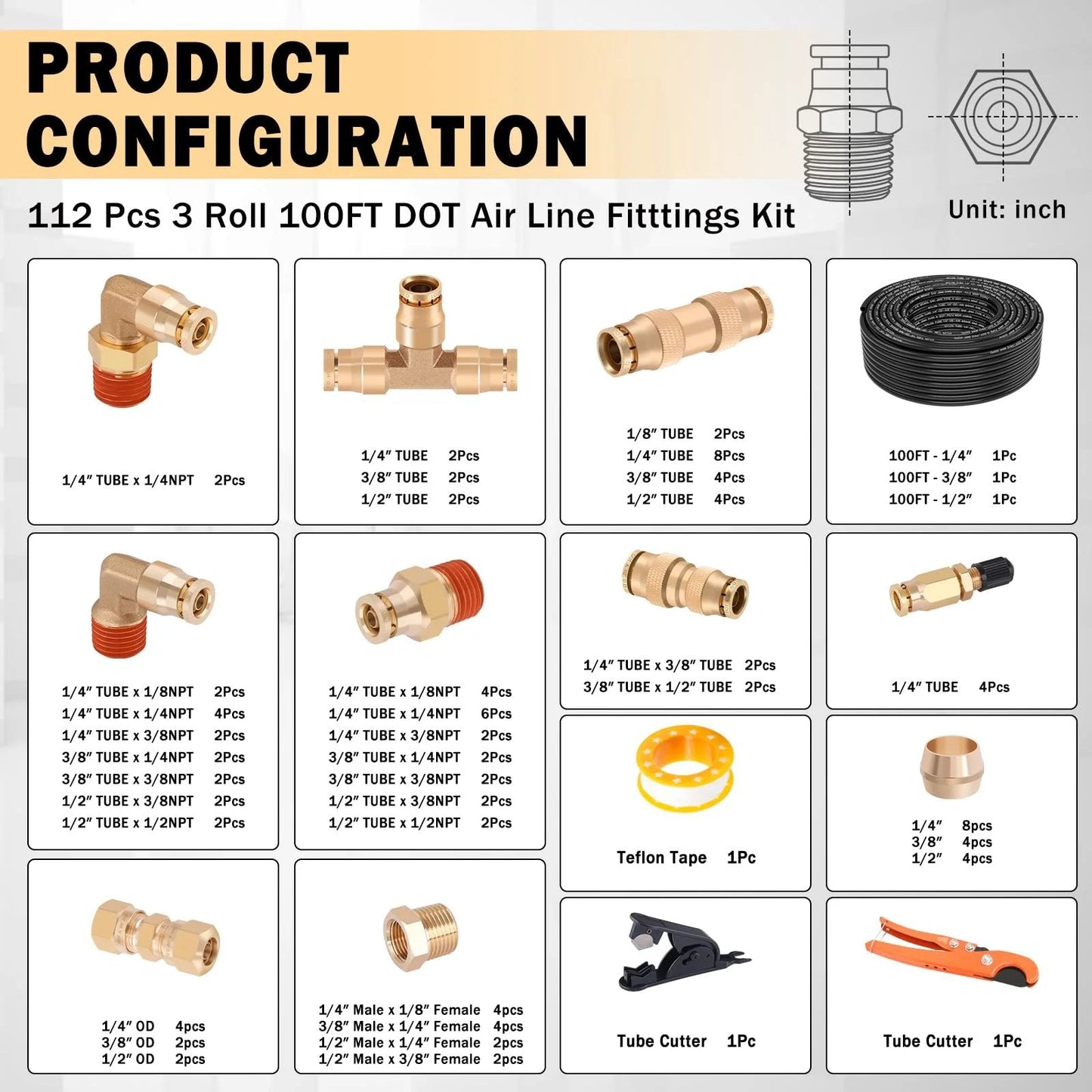 All In One DOT Air Line Fittings Kit With 112 Brass Quick Connects And 300 Ft Of Air Lines shown with brass fittings and tools.