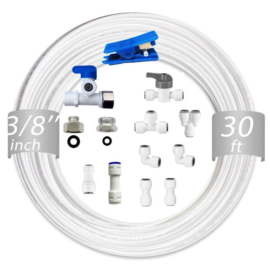 NSF Certified Three Eighths Inch Water Line Tubing With Push To Connect Fittings For Reverse Osmosis Systems 11 Connectors And 30 Feet Of Three Eighths Inch OD BPA Free POM Tubing Feed Water Adapter Kit For Safe Pro Grade RO Setup