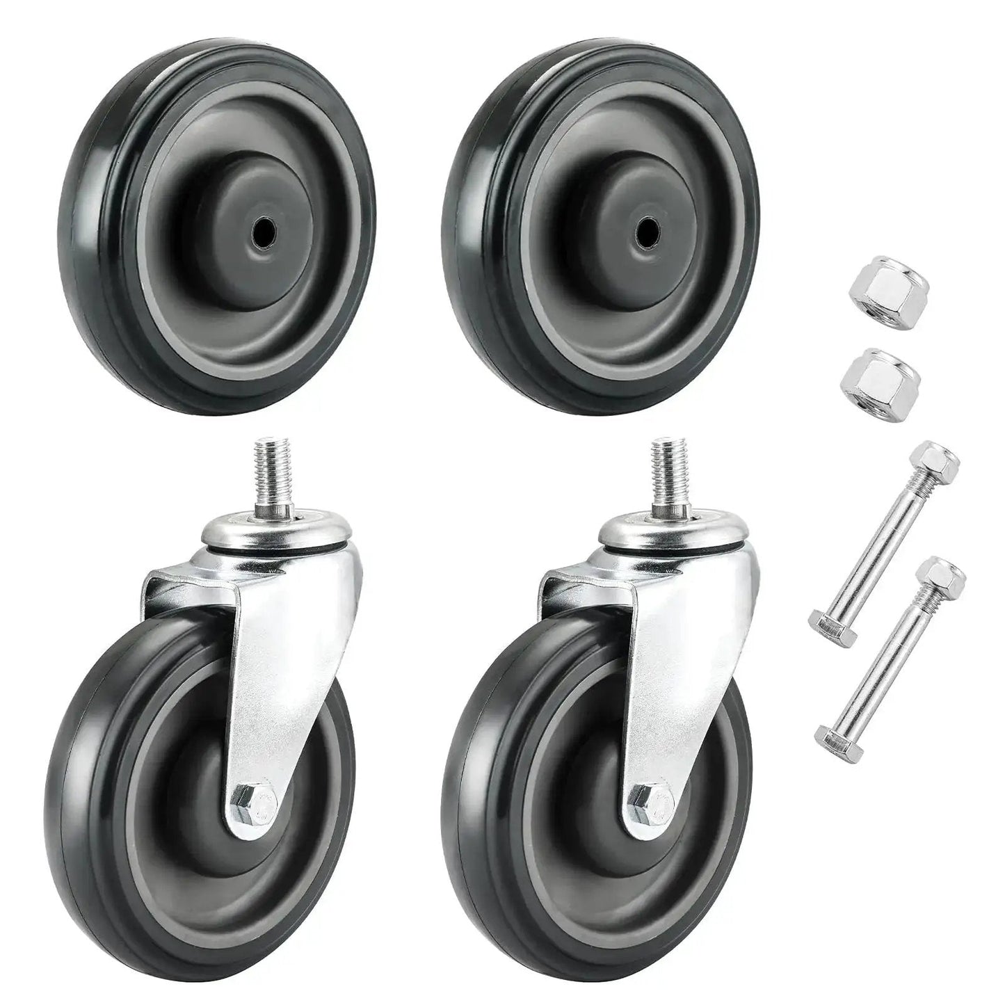 5 Inch Shopping Cart Caster Wheel Replacement Kit With Polyurethane Stepped And Full Tread Face Wheels And Hardware TPU Silent Supermarket Wheels High Density Carbon Steel Components Durable And Chemical Resistant 4 Pack Grey, shown with hardware.