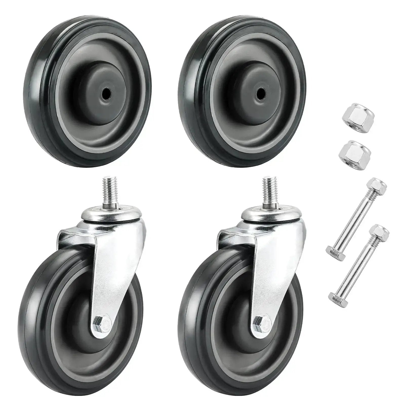 5 Inch Shopping Cart Caster Wheel Replacement Kit With Polyurethane Stepped And Full Tread Face Wheels And Hardware TPU Silent Supermarket Wheels High Density Carbon Steel Components Durable And Chemical Resistant 4 Pack Grey, shown with hardware.