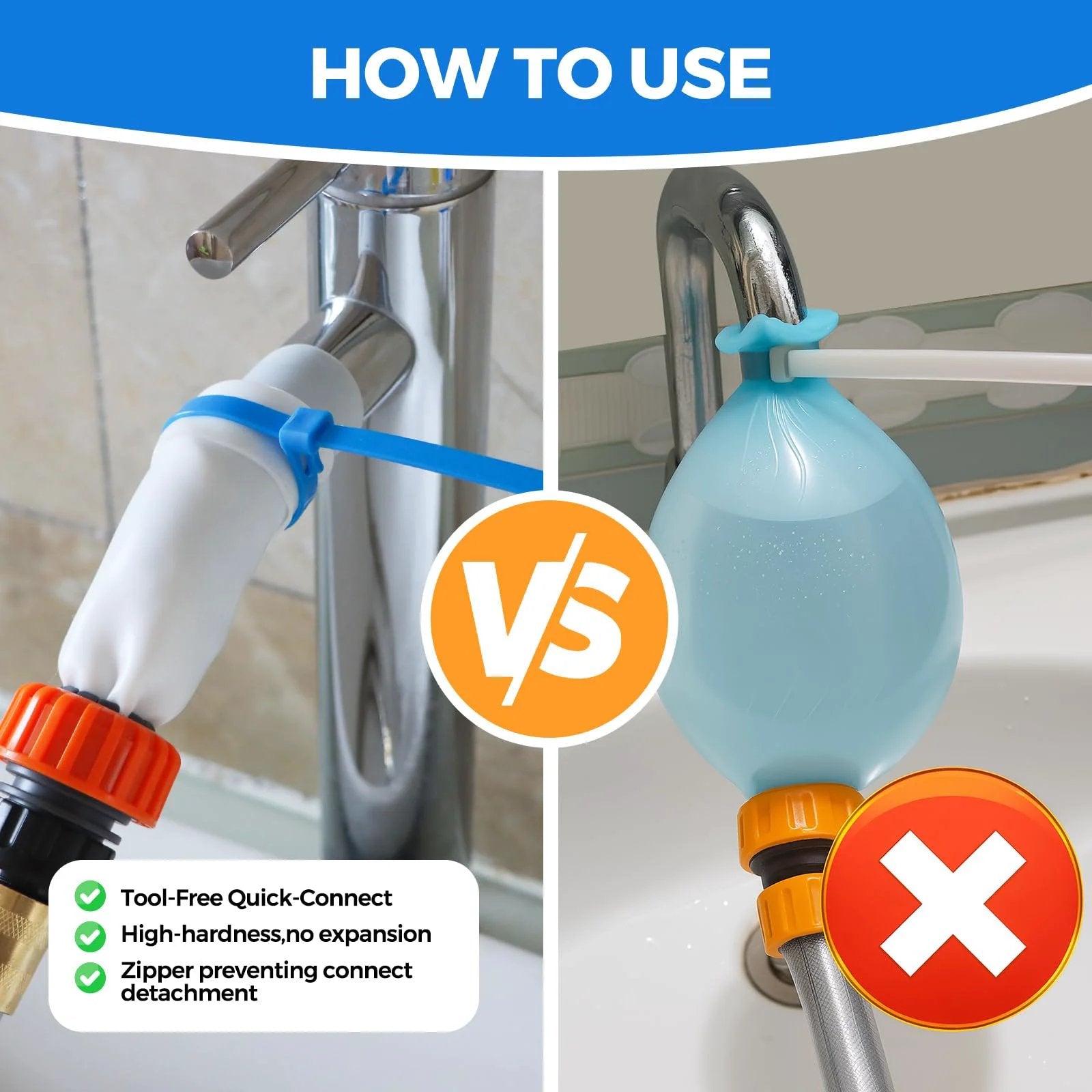 Sink Hose Attachment Portable Faucet Sprayer For Dog Bathing And Outdoor Cleaning On The Go With Tool Free Quick Connect Dual Size Adaptable Heads Easy Switch From Faucet To Shower No Tools Required showing two different attachment methods on a faucet with a blue zip tie and quick-connect feature visible.