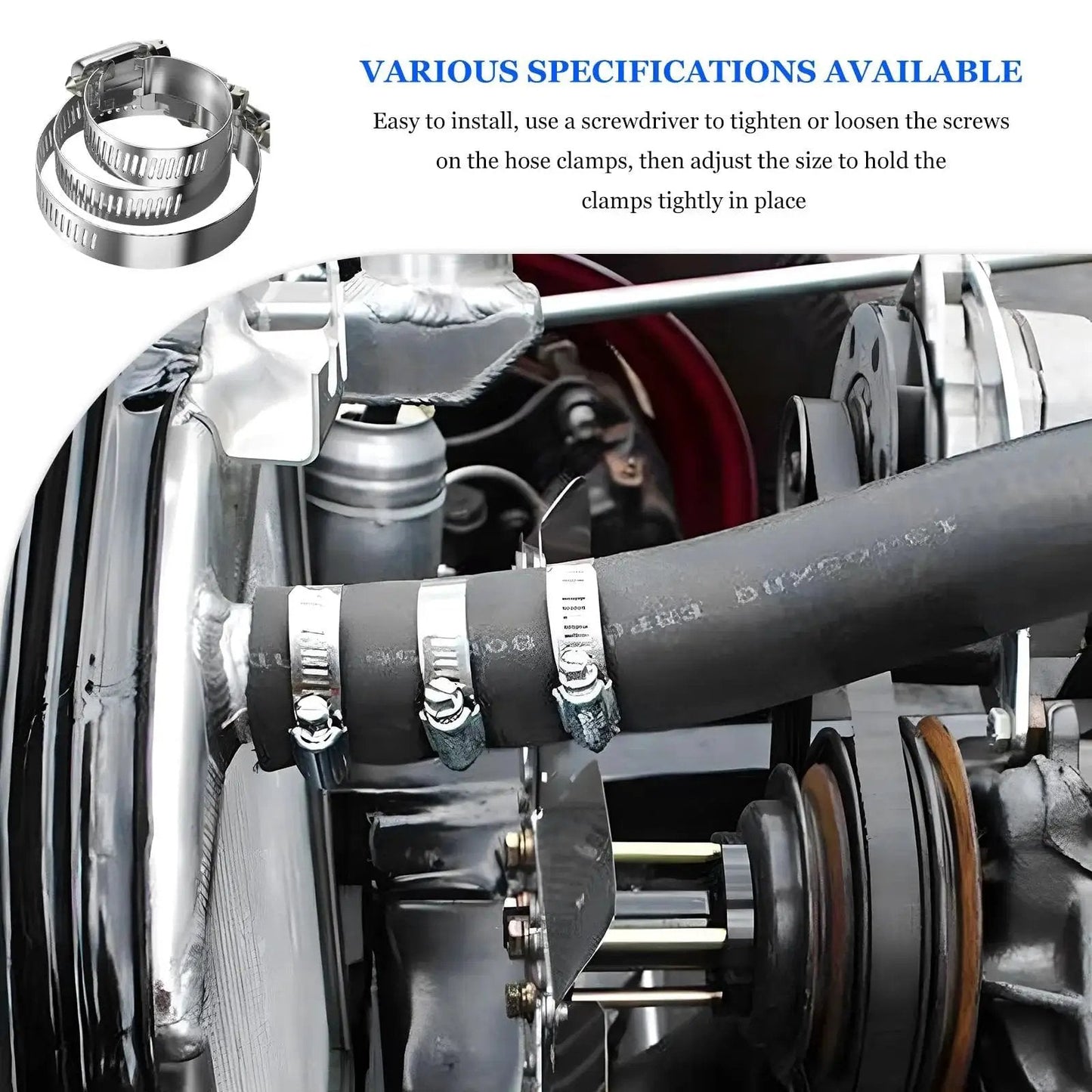 20 Piece Stainless Steel Hose Clamp Set From One And A Half Inch To Two And A Half Inch Worm Gear Clamps installed on automotive hoses