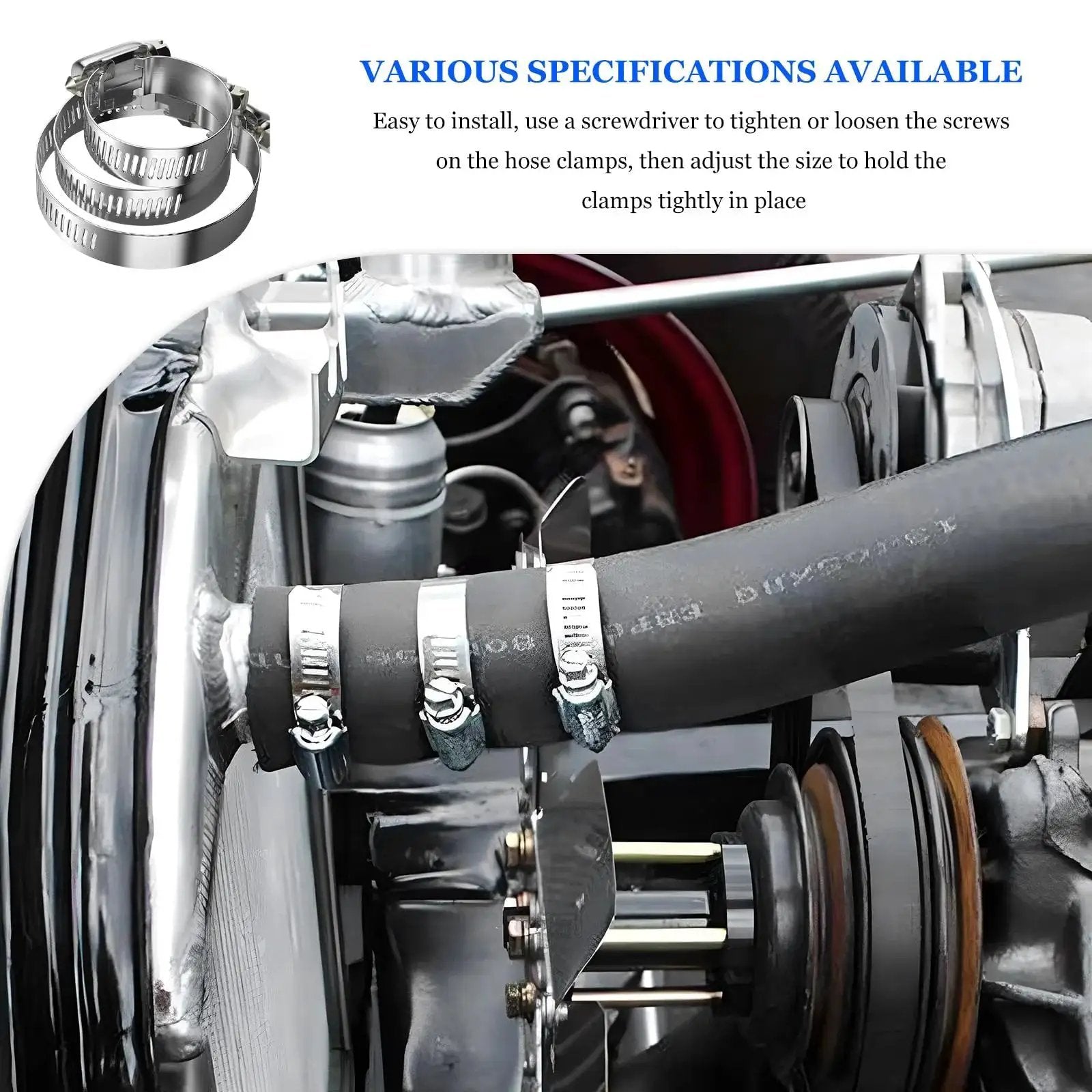 20 Piece Stainless Steel Hose Clamp Set From One And A Half Inch To Two And A Half Inch Worm Gear Clamps installed on automotive hoses