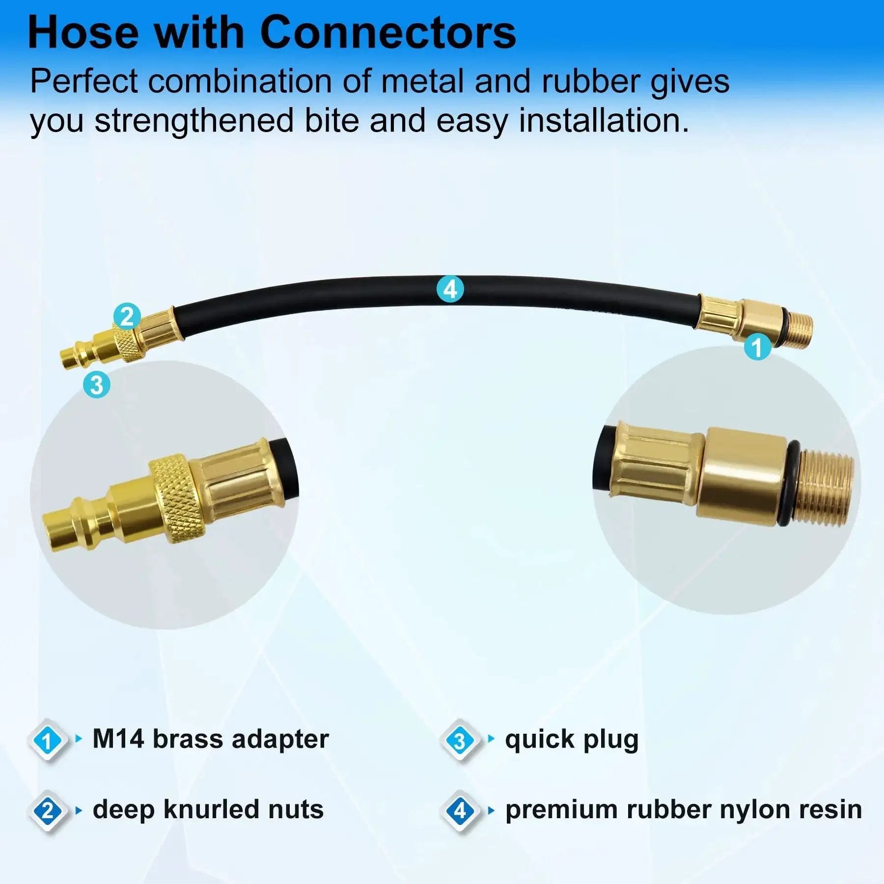 Hose with connectors for Leak Down Tester Kit With Dual Pressure Gauges For Gasoline Engines By JoyFans, brass adapter and rubber hose
