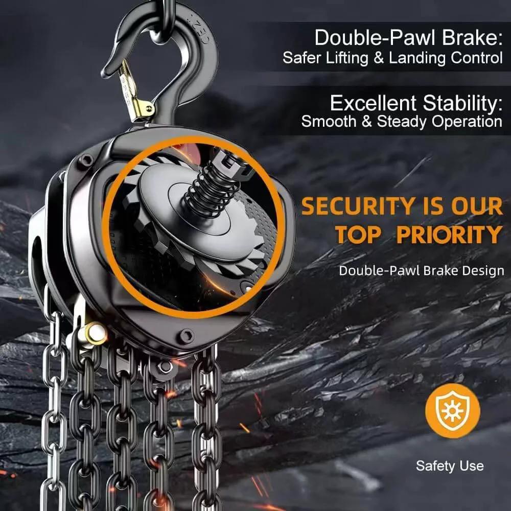 2 Ton Manual Chain Hoist With 10 Ft Lift Height And 4400 Lbs Capacity, G80 Galvanized Carbon Steel Chain, Auto Chain Lead shown with double-pawl brake