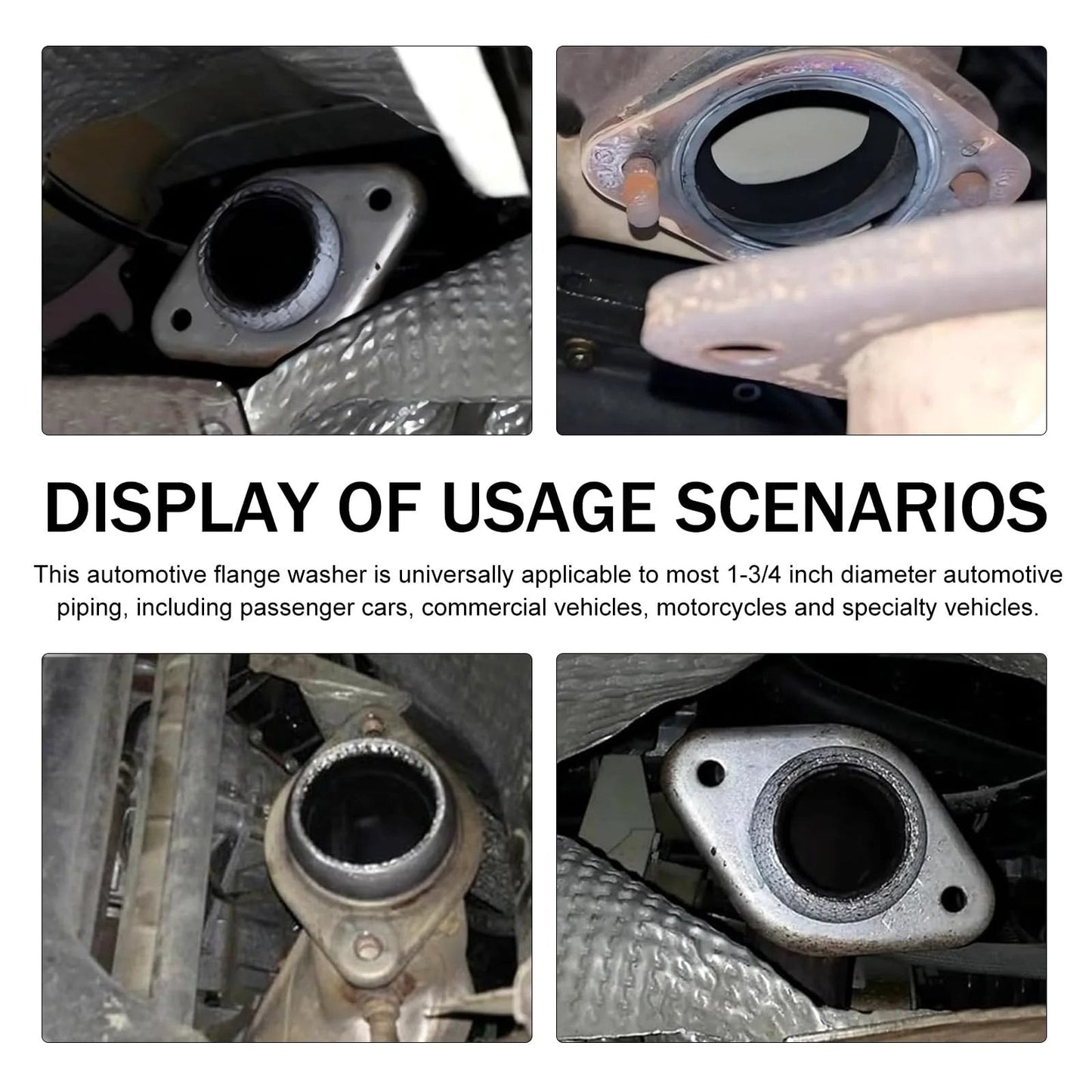 Universal 65mm Graphite Ceramic Exhaust Donut Gasket 2.5 Inch Inner Diameter 2 Pack Leakproof Seal Between Manifold And Pipe For Cars Trucks SUVs And RVs in various installation scenarios.