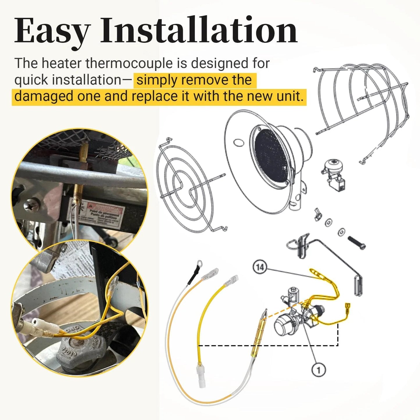 Propane Tank Top Heater Thermocouple Safety Assembly Kit Fits Mr Heater MH15T MH15TS MH30T MH30TS with installation diagram