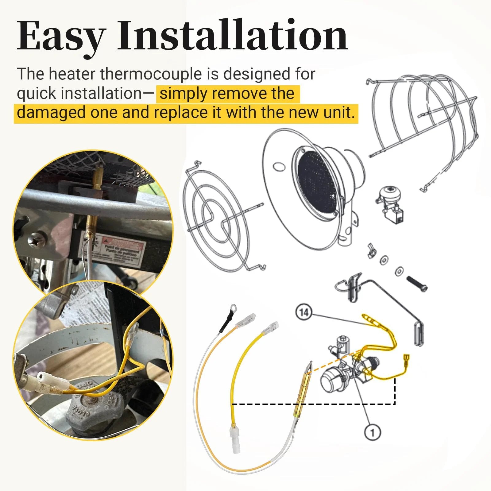 Propane Tank Top Heater Thermocouple Safety Assembly Kit Fits Mr Heater MH15T MH15TS MH30T MH30TS with installation diagram