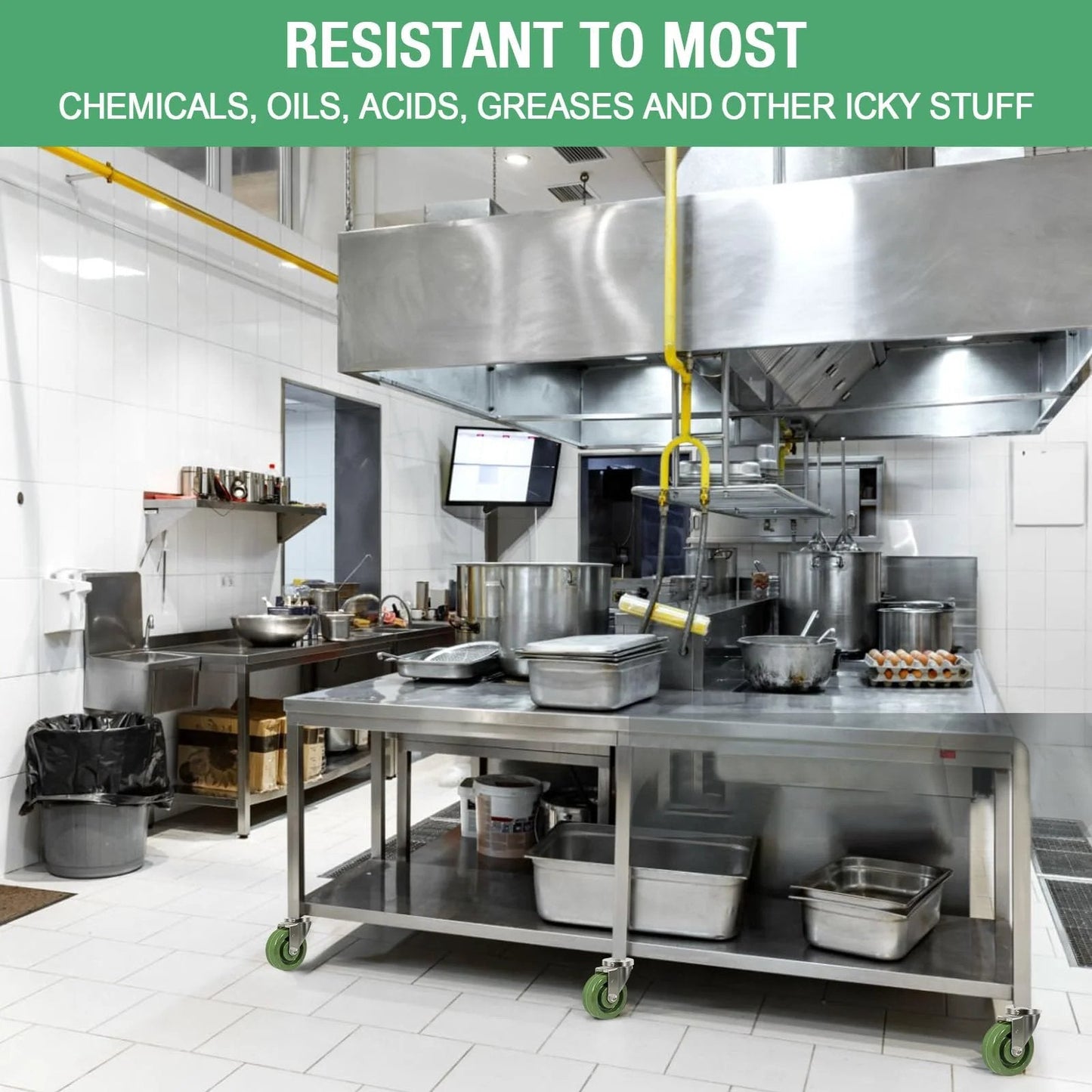 Heavy Duty Oven Rack Caster Wheels 4x1.5 Inch High Temperature Epoxy Resin Wheels Set Of 4 Replacement With 2800 Lb Capacity -40F To 525F Galvanized Steel Yokes HANDSAMMU For Ovens And Dryers installed in a commercial kitchen.