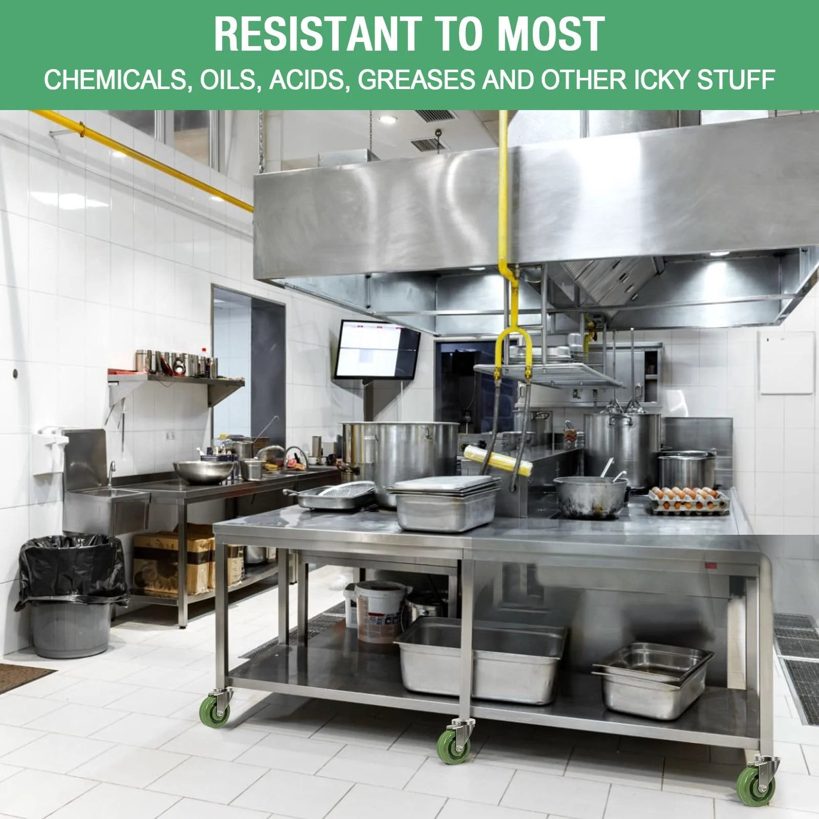 Heavy Duty Oven Rack Caster Wheels 4x1.5 Inch High Temperature Epoxy Resin Wheels Set Of 4 Replacement With 2800 Lb Capacity -40F To 525F Galvanized Steel Yokes HANDSAMMU For Ovens And Dryers installed in a commercial kitchen.