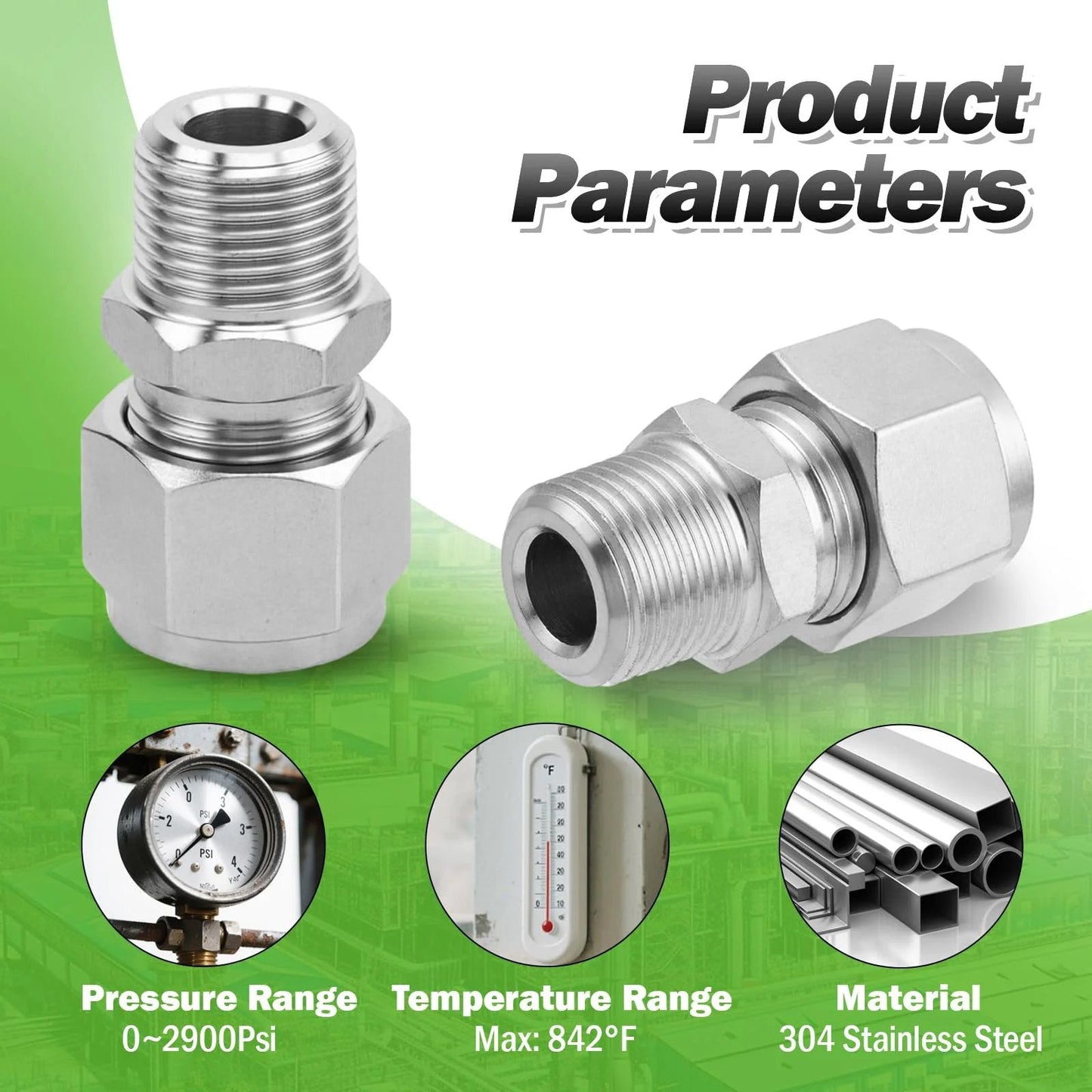 Premium 304 Stainless Steel Compression Adapter Pack Of Two For Three Quarter Inch Outer Diameter To Three Quarter Inch NPT Male Tube Fittings Built To Last In Water Oil And Air Lines Goldpea, showing two adapters and product parameters.