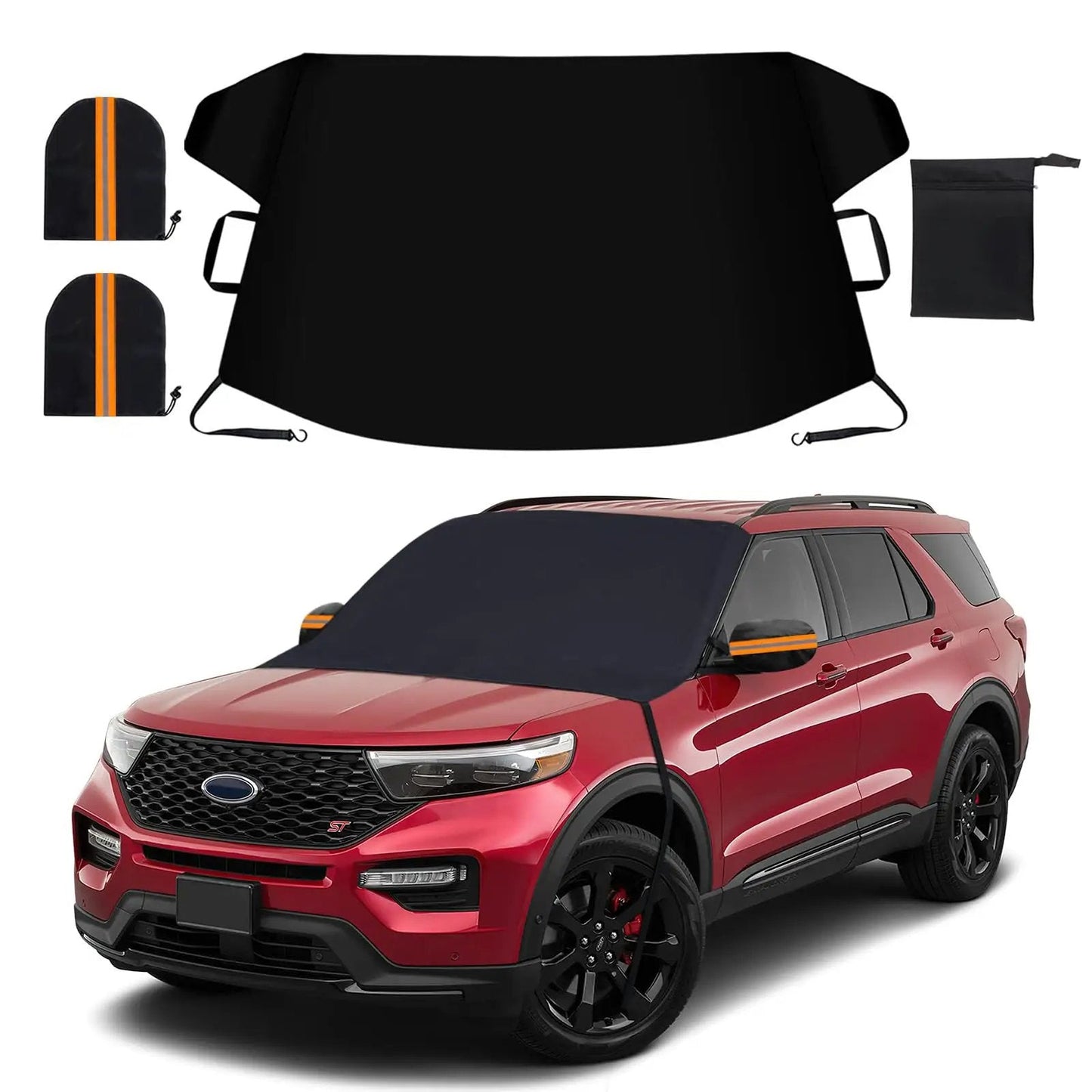 Thickened All Weather Windshield Cover For Ice And Snow With Side Mirror Covers Waterproof Frost Shield For Cars SUVs And Vans Easy Install Outdoor Windshield Protector 75 By 47 Inches, shown installed on a red SUV.