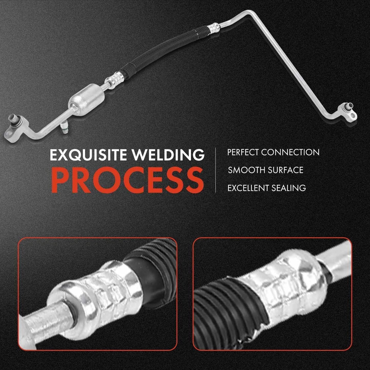 AC Discharge Line Hose Assembly For GM Trucks And SUVs Compatible With Silverado 1500 Tahoe Suburban Sierra Yukon XL 1500 2500 Escalade ESV EXT From Compressor To Condenser showing welding connections and hose details.