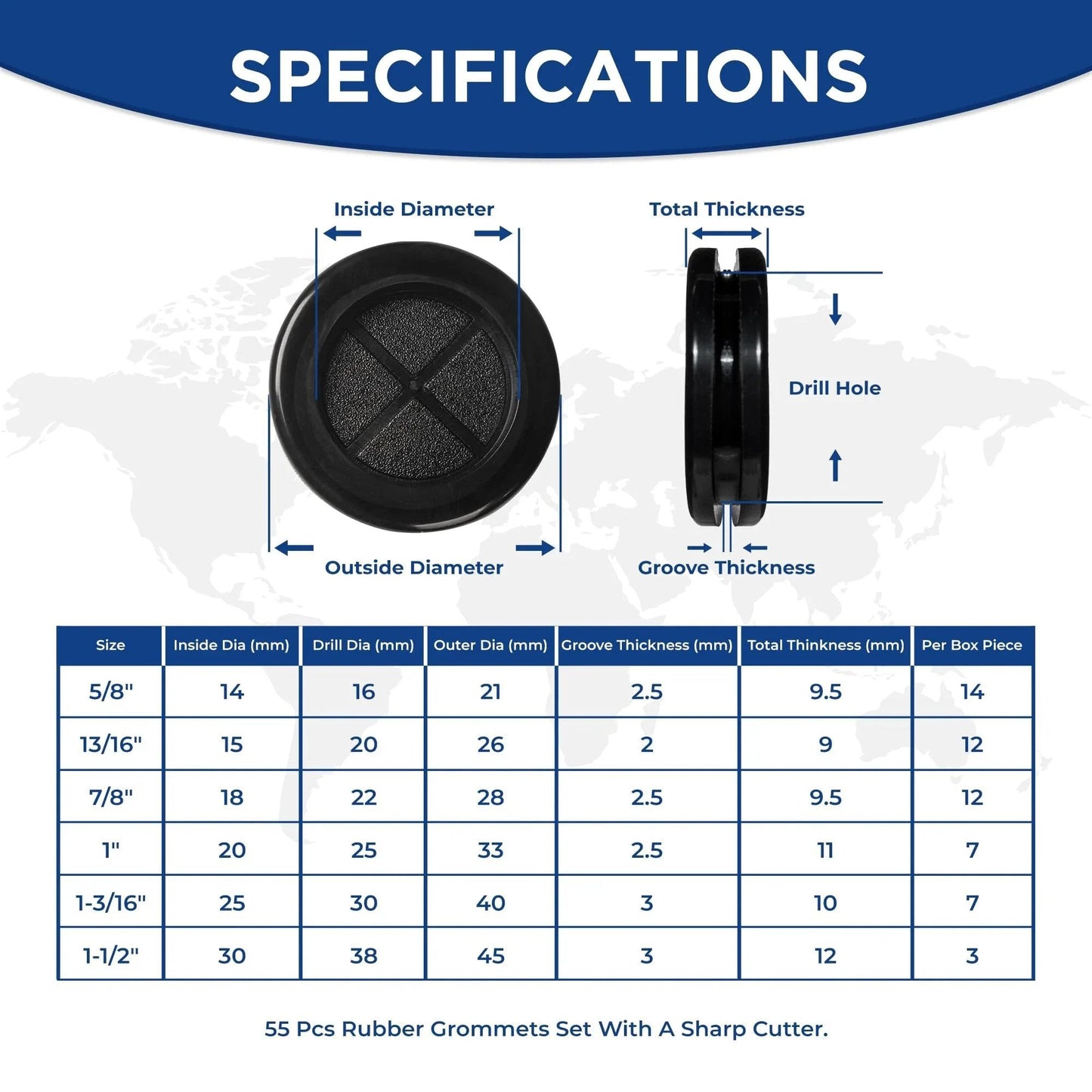 Specifications of 55 Pcs Rubber Grommets Kit with six assorted sizes, including dimensions and thickness, for wiring protection.