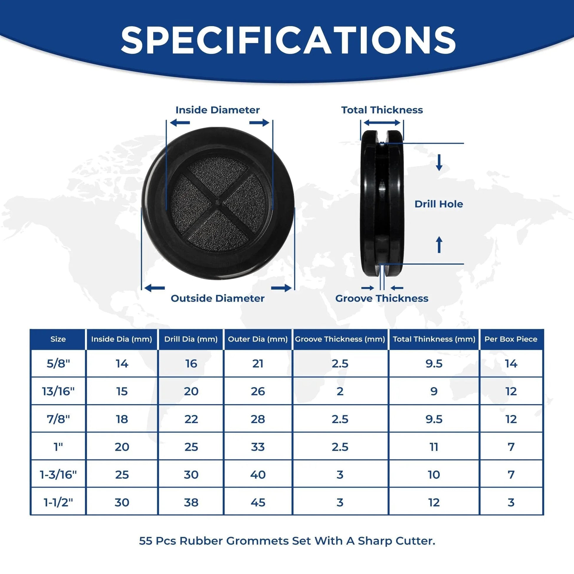 Specifications of 55 Pcs Rubber Grommets Kit with six assorted sizes, including dimensions and thickness, for wiring protection.