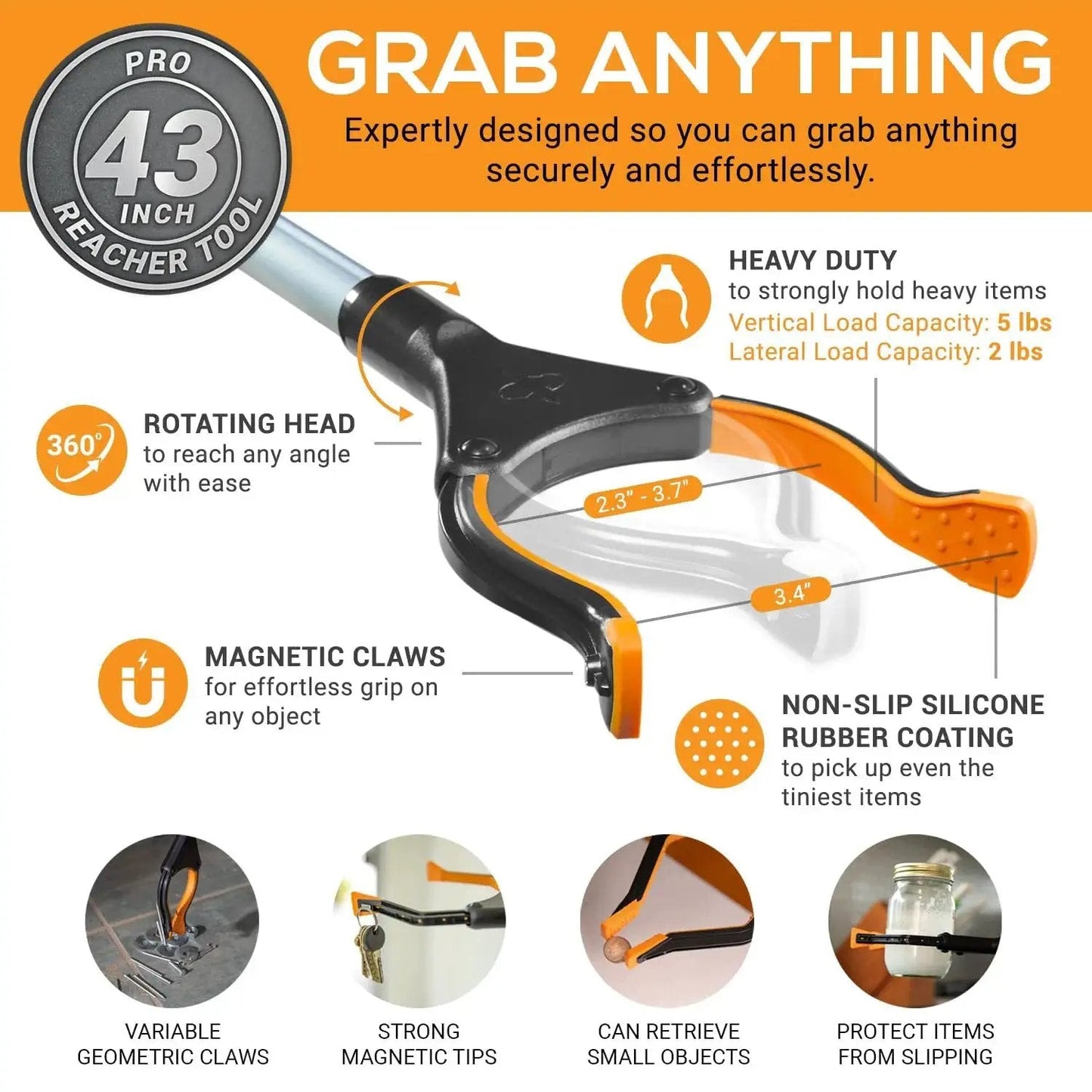 Foldable 43 Inch Grabber Reacher Tool For Seniors And Elderly With Magnetic Tip and Heavy Duty Claw for trash removal and reach