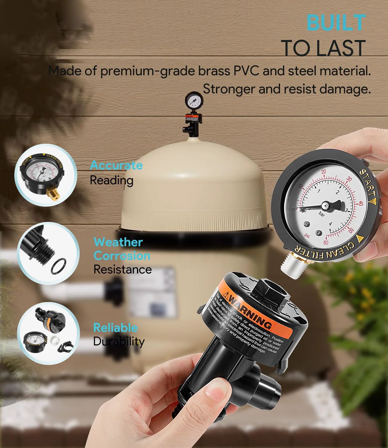 High Flow Manual Relief Valve With Integrated Pressure Gauge For Pool And Spa Cartridge Filters Replacement, Go To Air Relief Valve Assembly with hand holding valve, parts and gauge displayed.