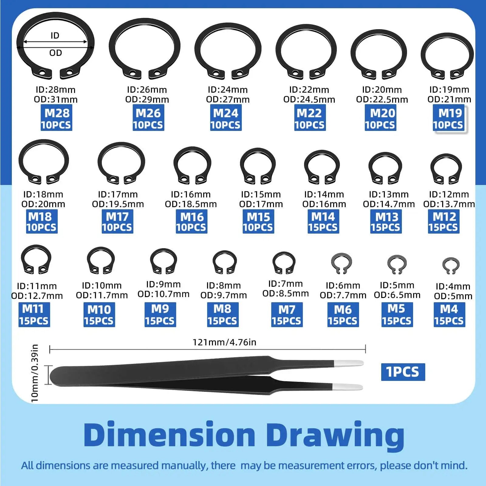 Diagram of 266 Piece 21 Sizes C Clip External Retaining Rings Set With Tweezer 65Mn Steel Snap Ring Kit For Axles Shafts And Moving Parts Pro Grade Heavy Duty Circlip Assortment For Shop And Automotive showing C-clip sizes and tweezer