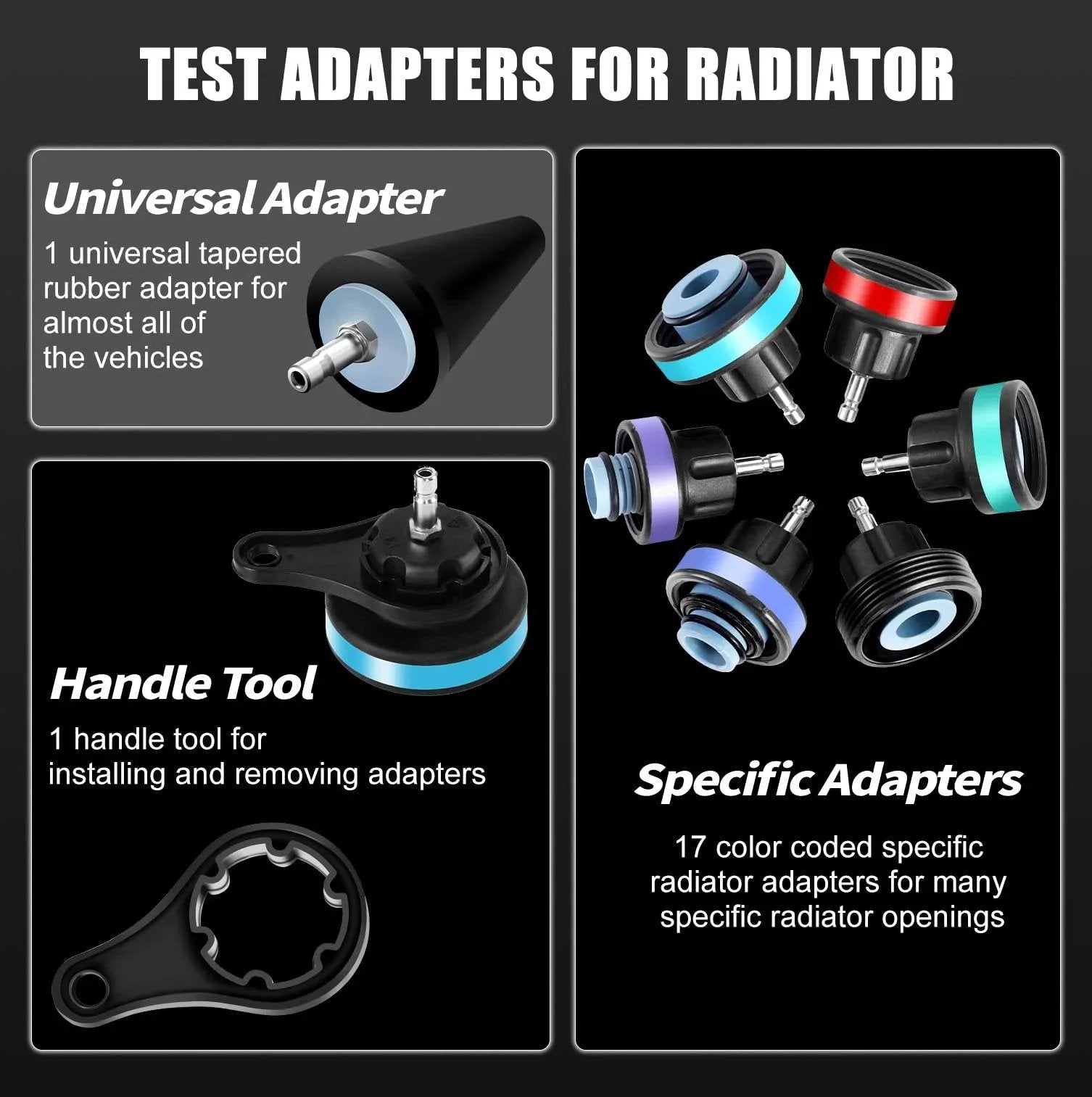 Adapters and handle tool from All In One Radiator Coolant Pressure Tester and Vacuum Refill Tool Kit Ready to Roll Pro Grade 28 Piece Set