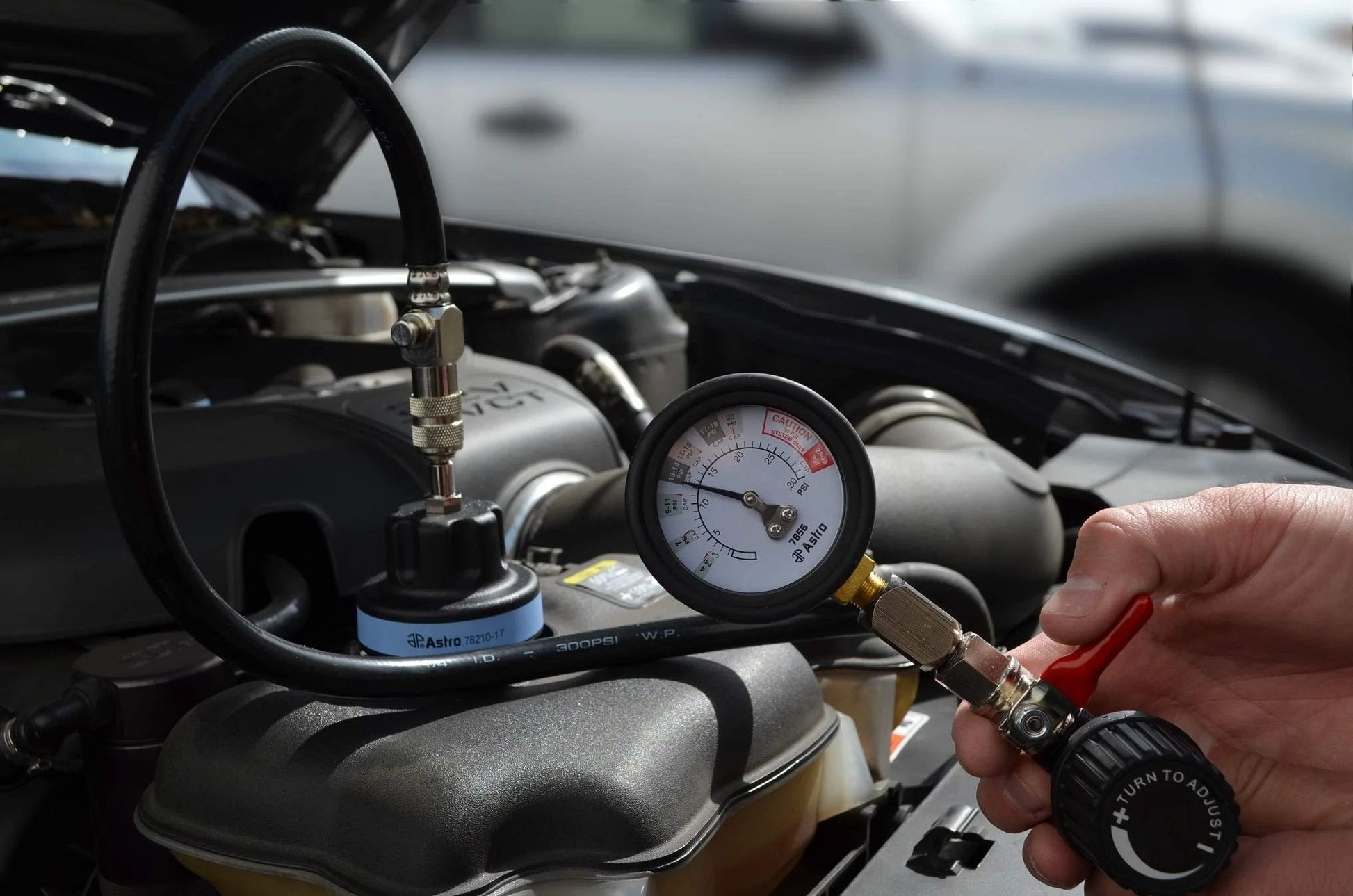 Universal Air Powered Cooling System Pressure Tester with Quick Connectors and Gauge for Cars Trucks and SUVs in engine bay