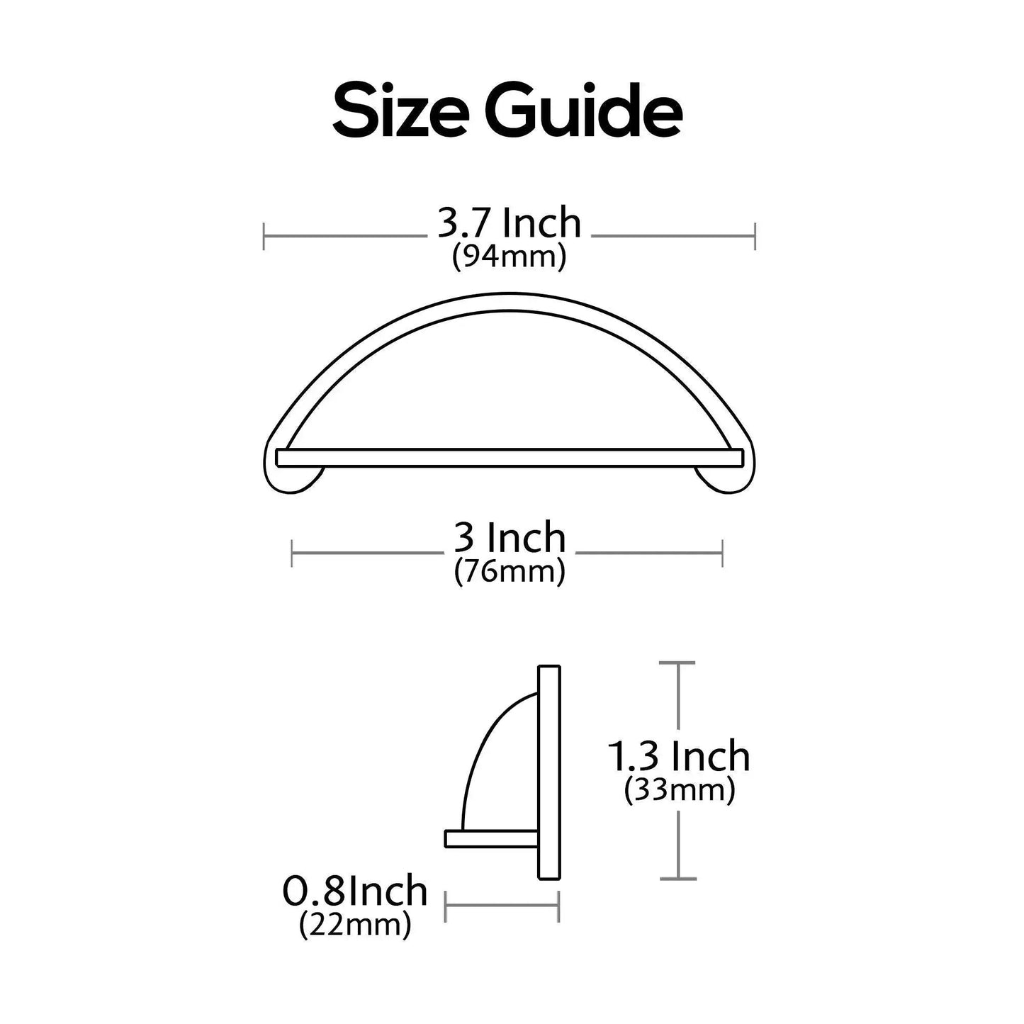 Size guide for Brushed Satin Nickel Cabinet Cup Pulls 10 Pack With 3 Inch Hole Centers 76mm, showing dimensions in inches and mm.