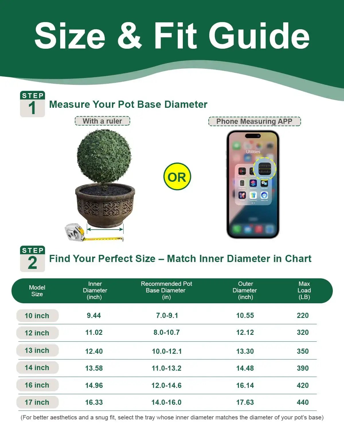 Size and fit guide for Heavy Duty Rolling Plant Caddy With Wheels 12 Inch Plant Stand Supports Up To 320 Lbs Durable Metal Construction.