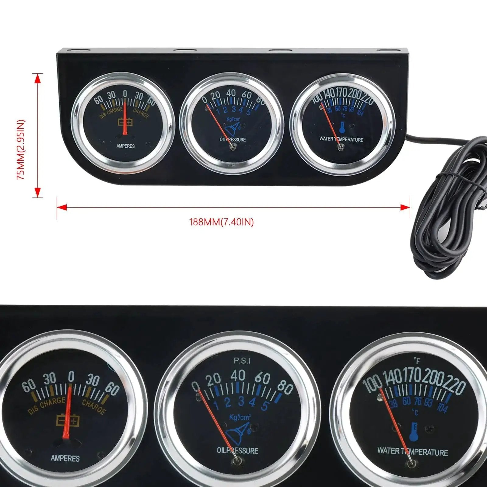 Triple Gauge Kit 2 Inch Chrome Mechanical 3 In 1 Amp Meter Oil Pressure Gauge And Water Temperature Gauge For Cars And Boats